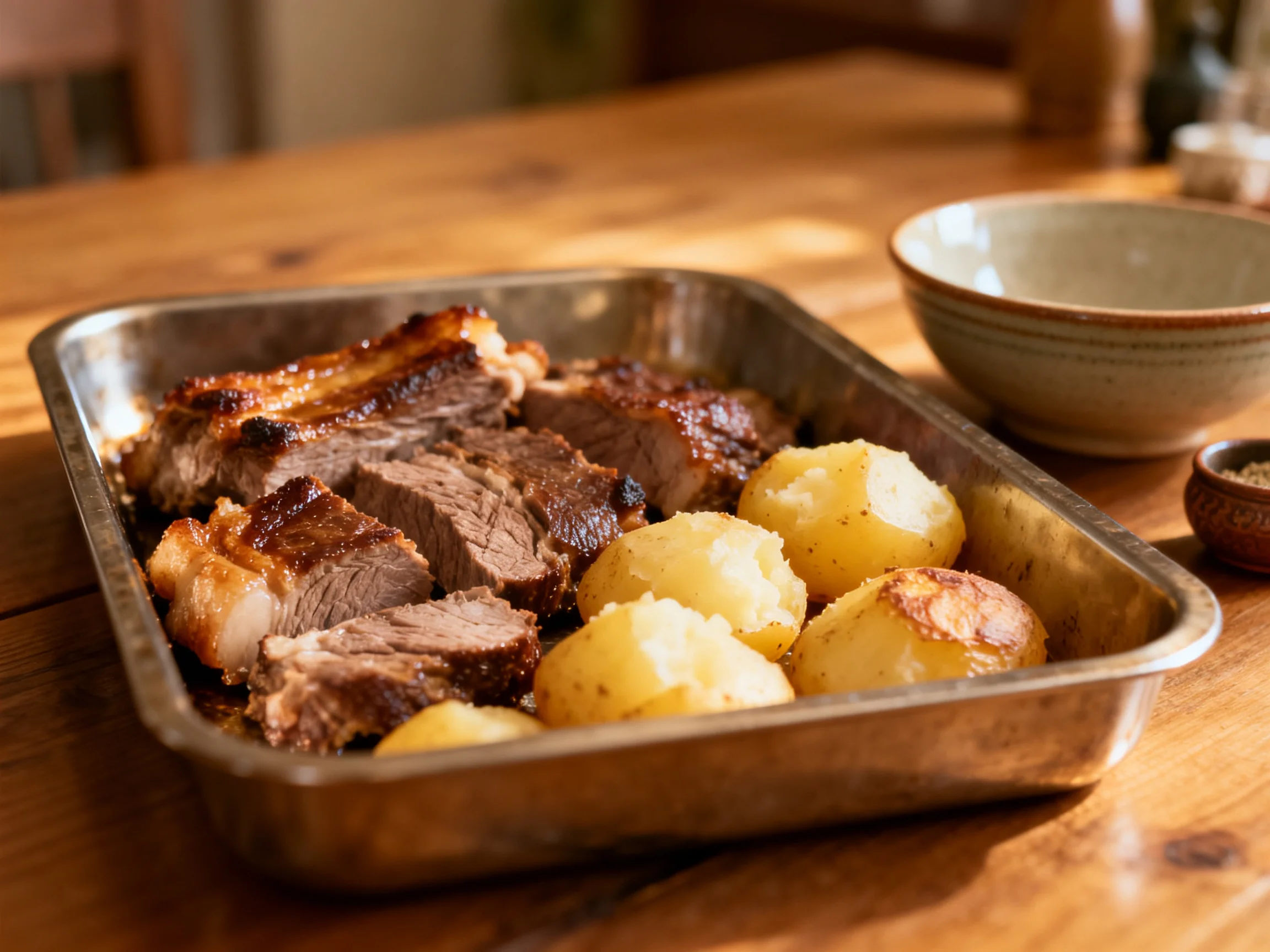 Metal tray with roasted beef and golden potatoes on wooden table