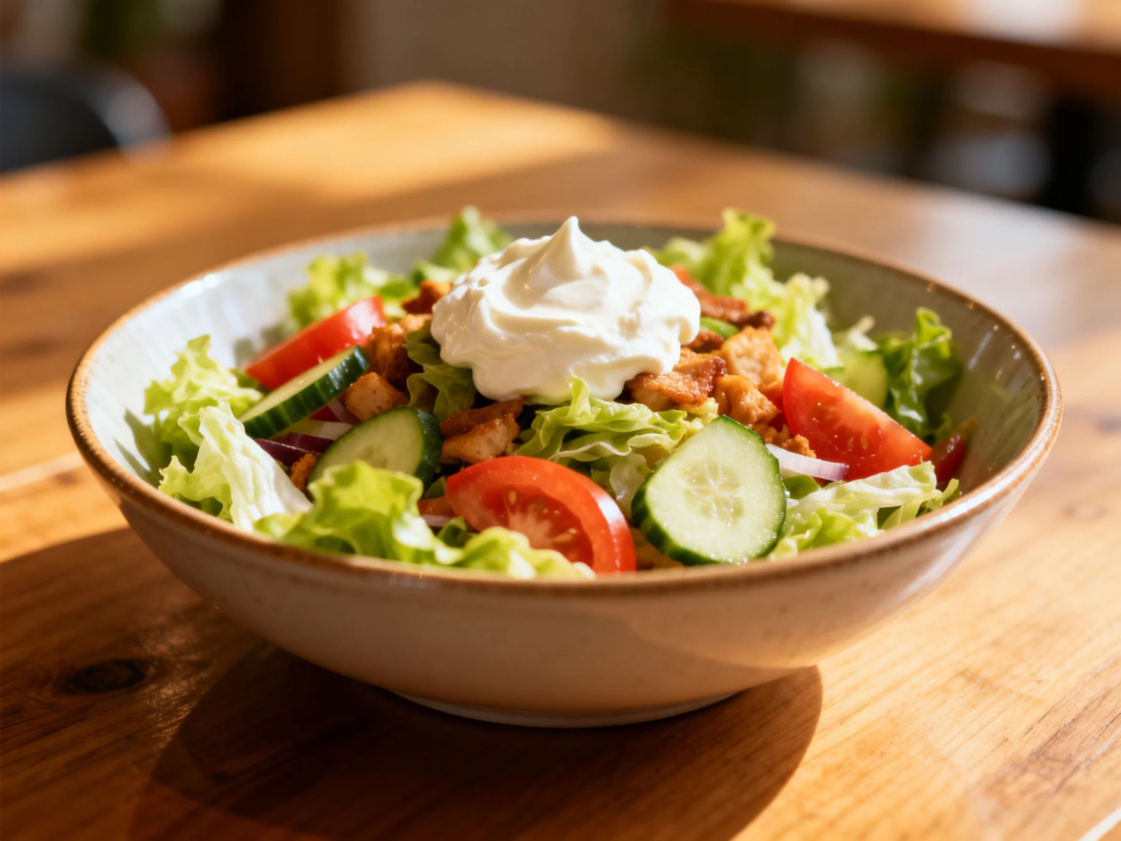 Mixed green salad with tomatoes, cucumbers, and dressing in a bowl