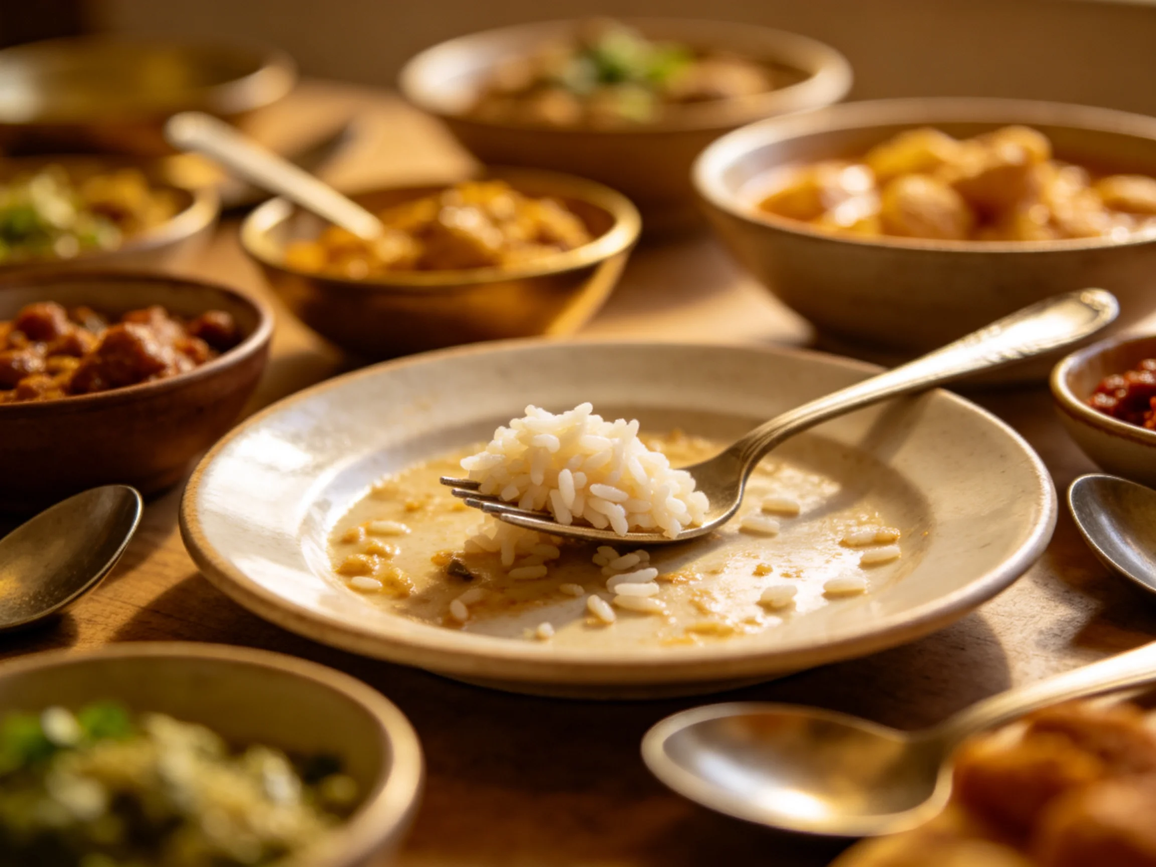 Multiple bowls of assorted dishes with rice and silverware