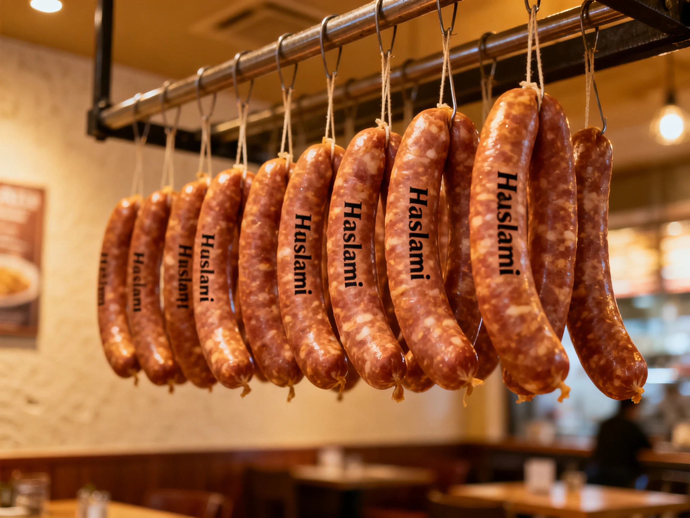 Multiple brown Haslami sausages hang from hooks in a restaurant
