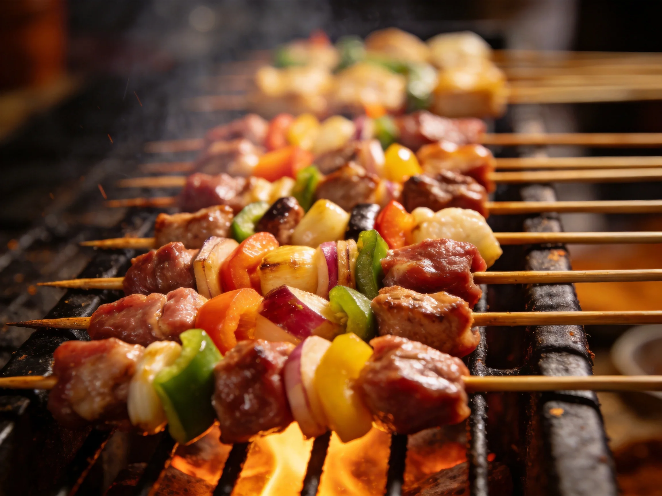 Multiple colorful skewers of meat and vegetables grill over an open flame