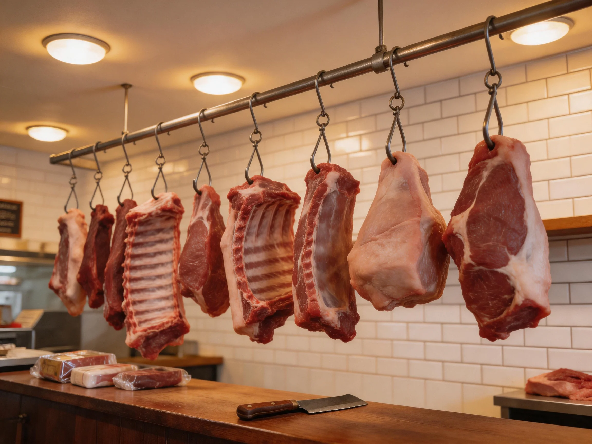 Multiple cuts of raw red and pink meat hang from hooks in a white-tiled shop
