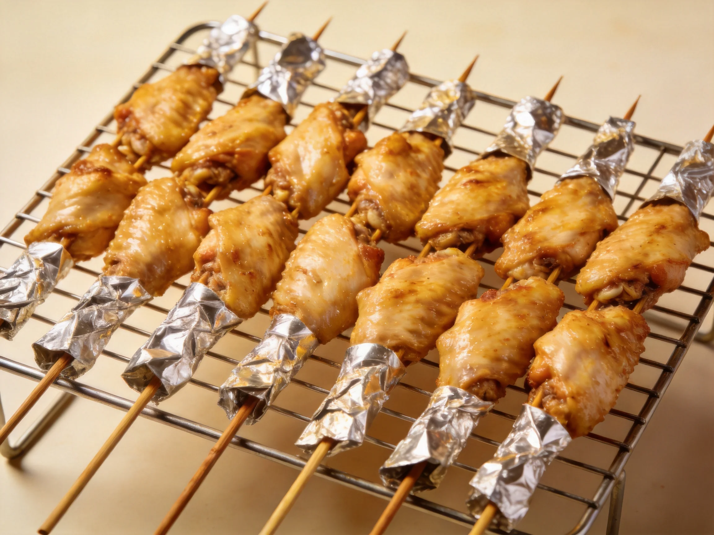 Multiple golden chicken wing skewers wrapped in aluminum foil on a metal rack
