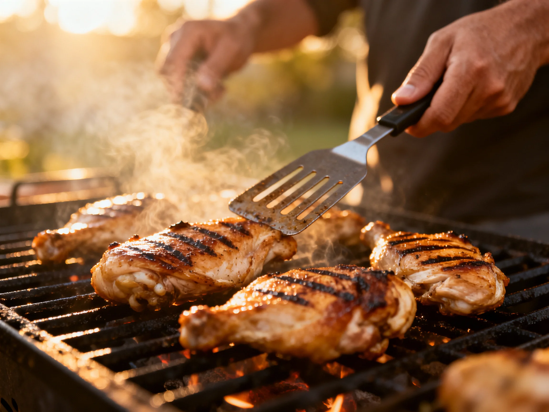 Multiple golden-hued chicken pieces sizzle on a black grill with rising steam.