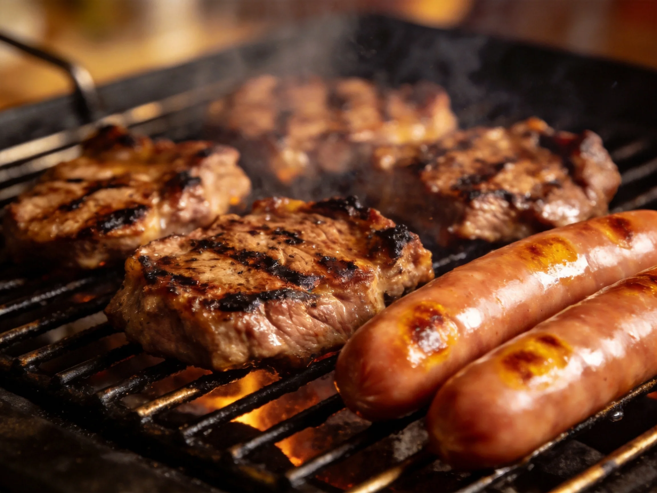 Multiple grilled steaks and two sausages over a flaming grill