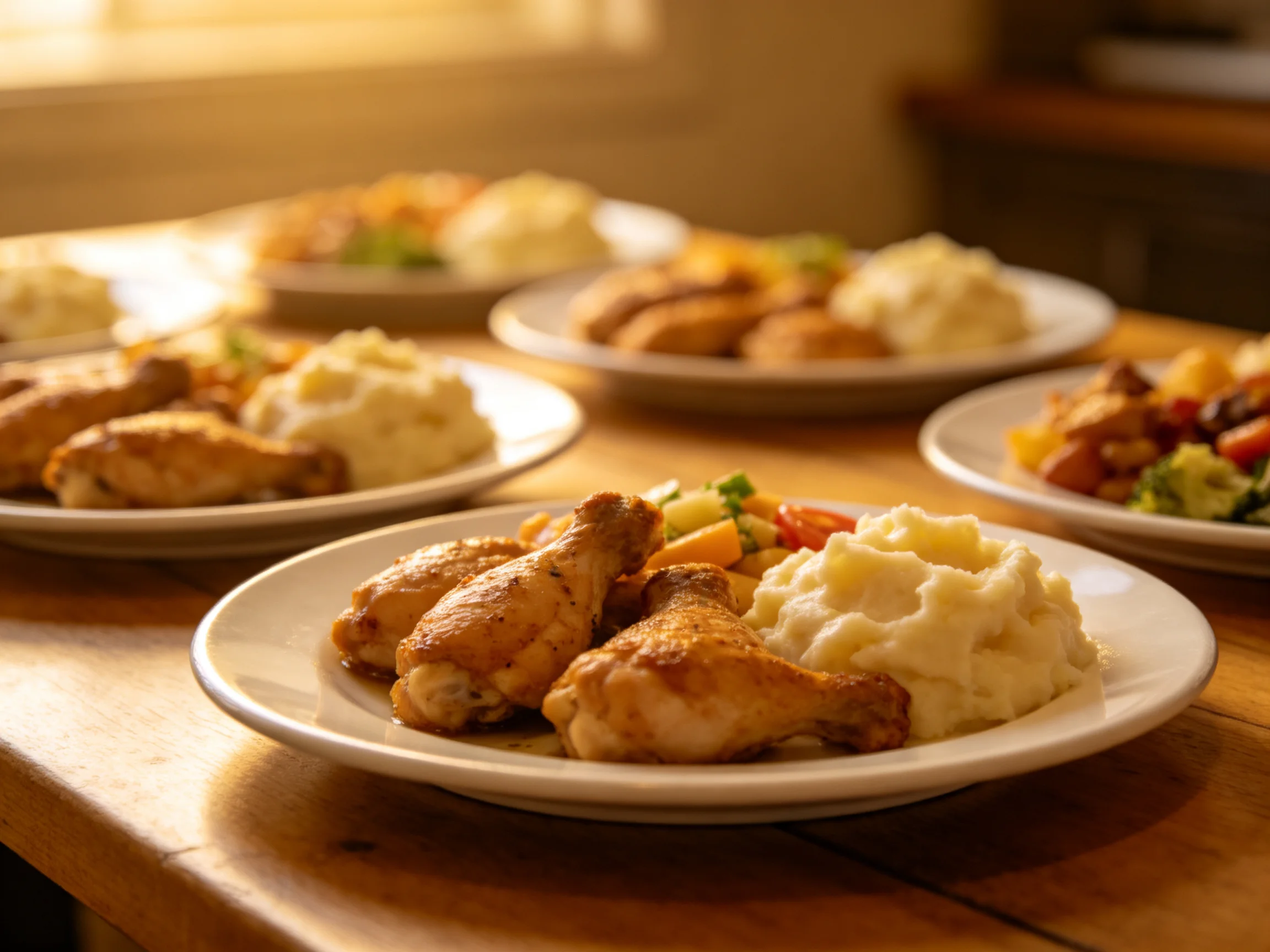 Multiple plates of roasted chicken and mashed potatoes on a wooden table