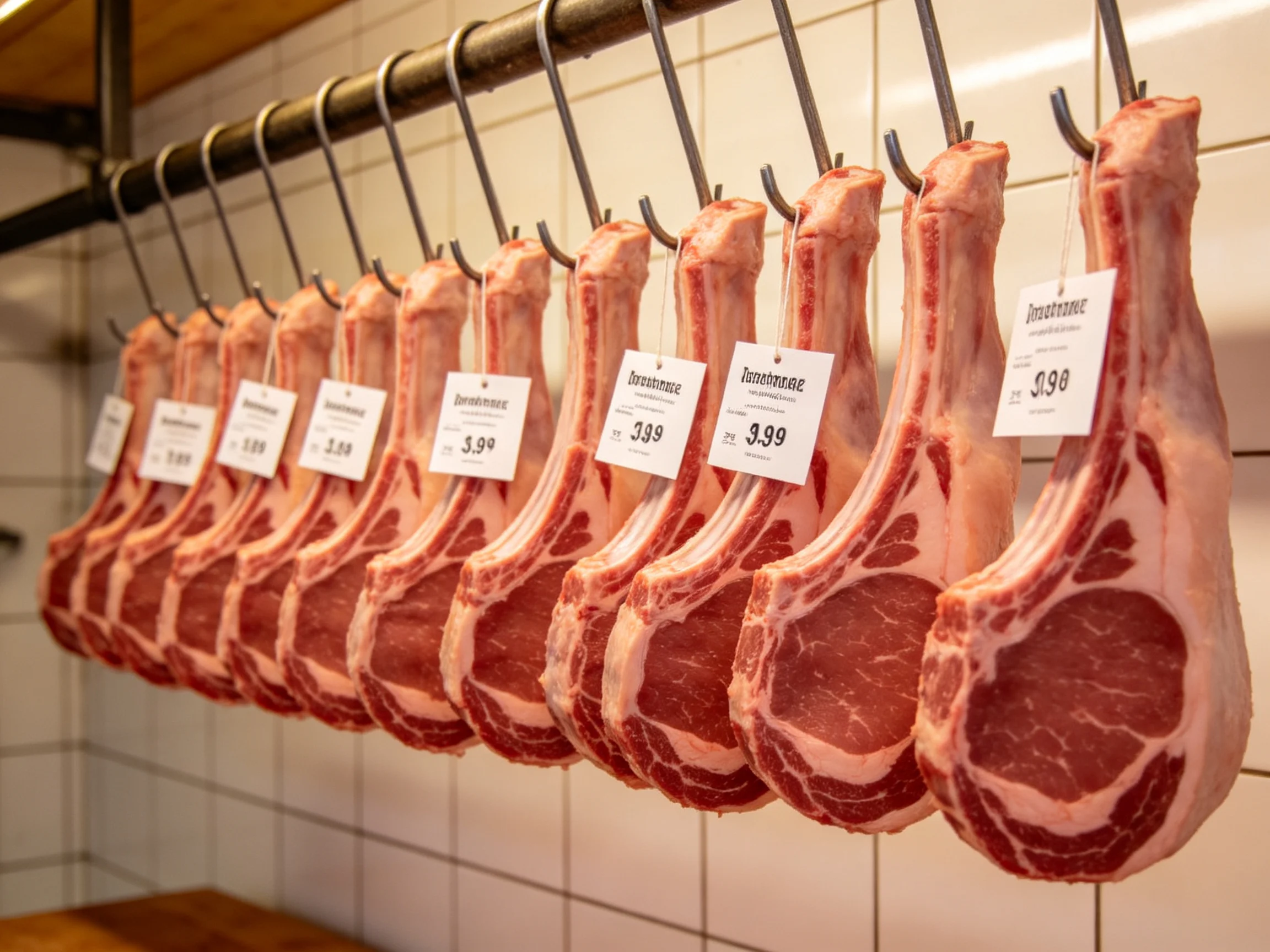 Multiple raw pork cuts hang from hooks along tiled walls