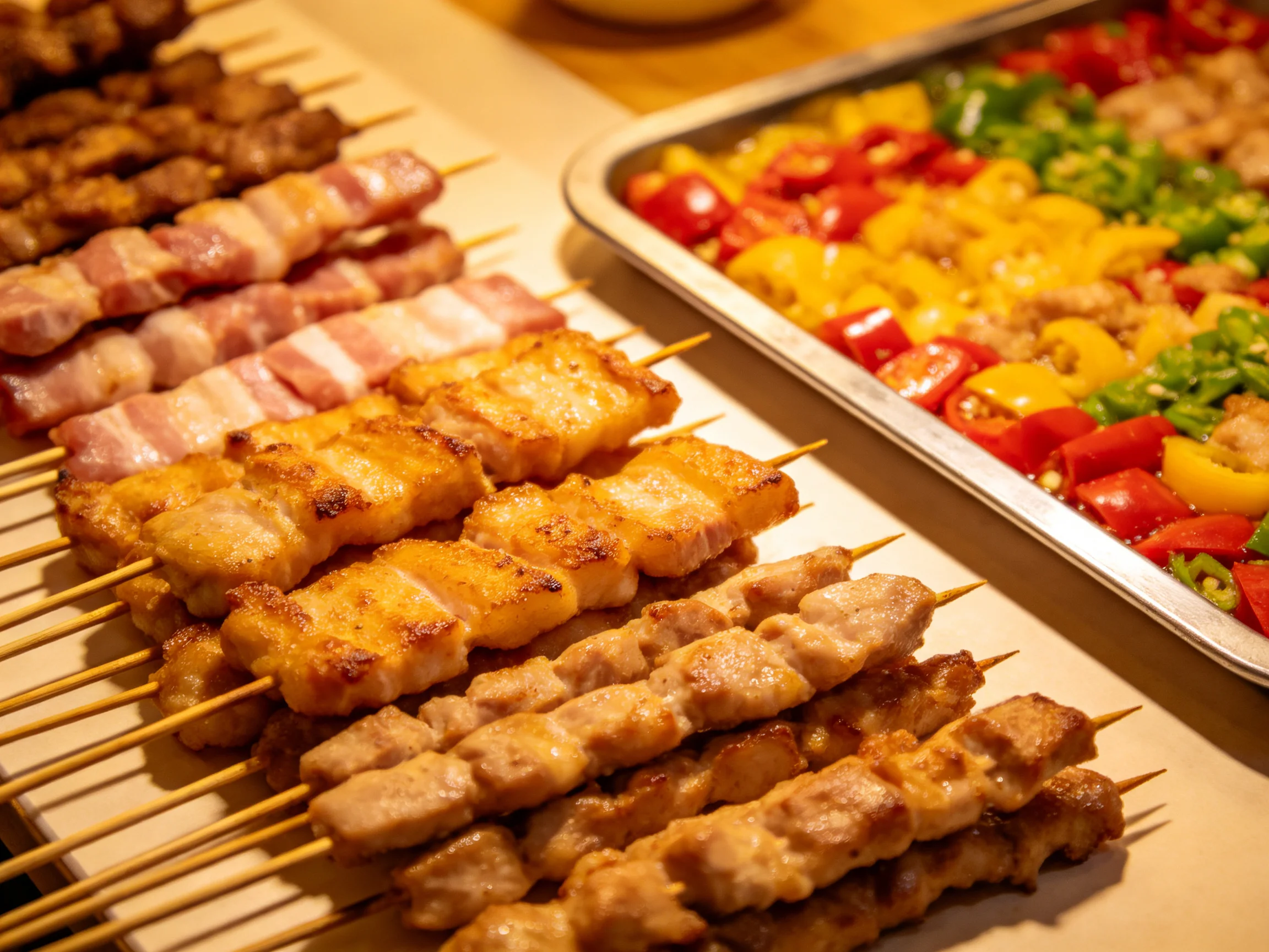 Multiple skewers of assorted grilled meats beside a tray of colorful bell peppers