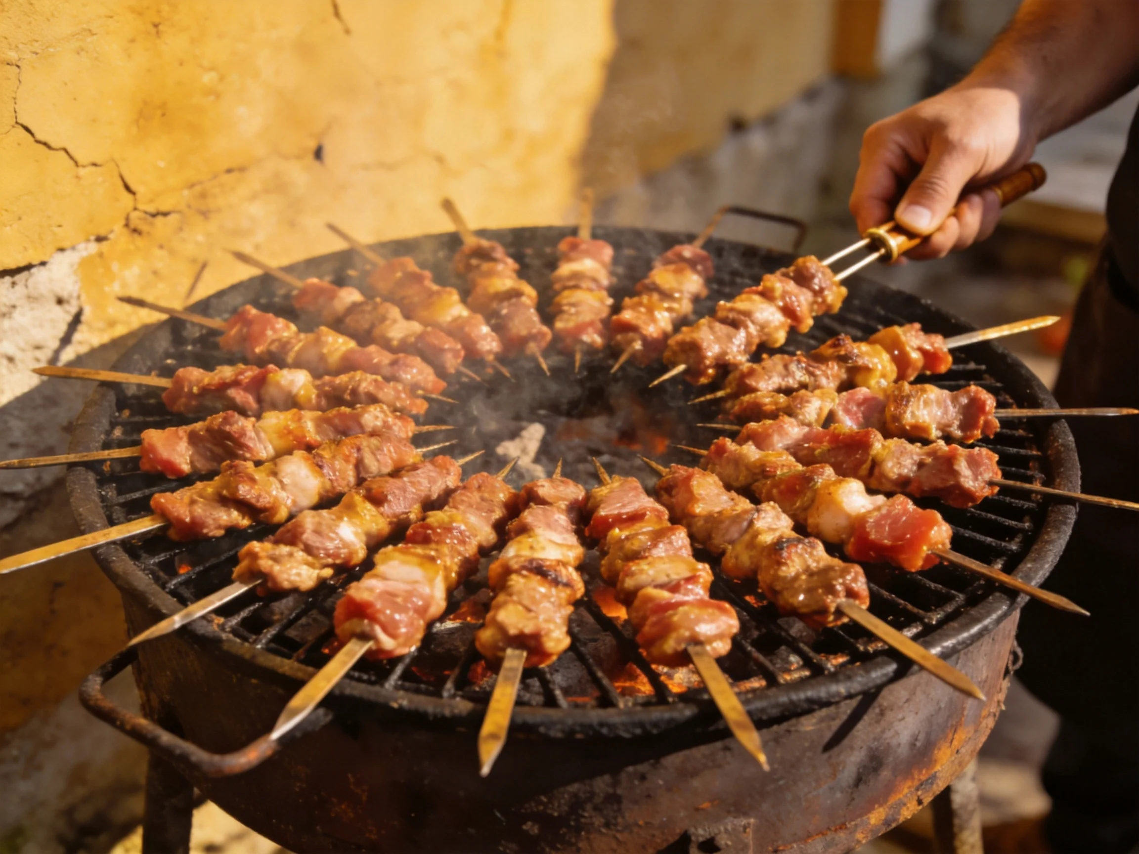 Multiple skewers of cooked meat grilling on a large black charcoal grill