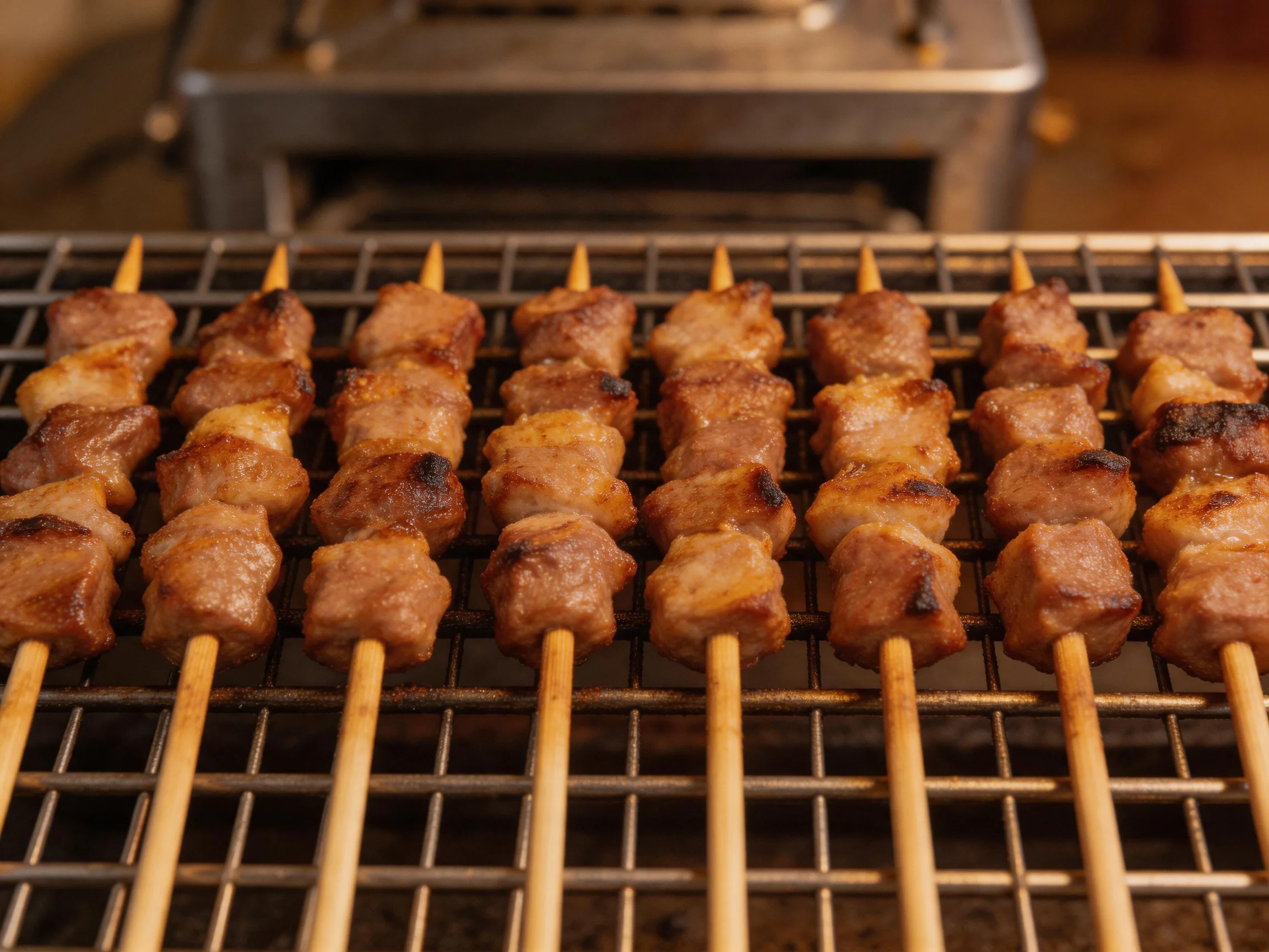 Multiple skewers of grilled brown meat cook on a metal grill rack
