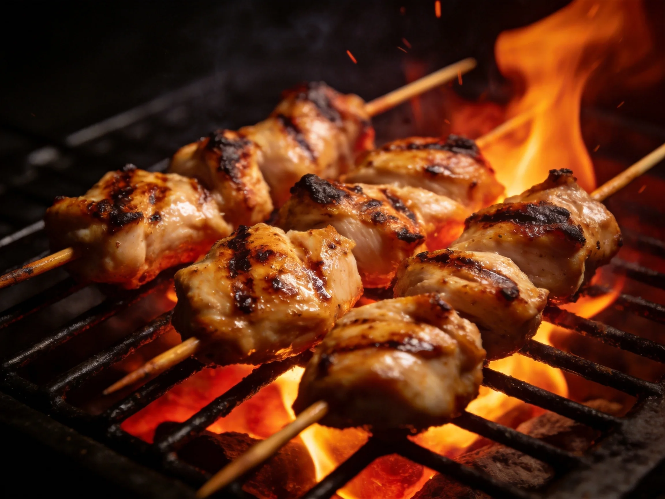 Multiple skewers of grilled chicken cooking over bright orange flames