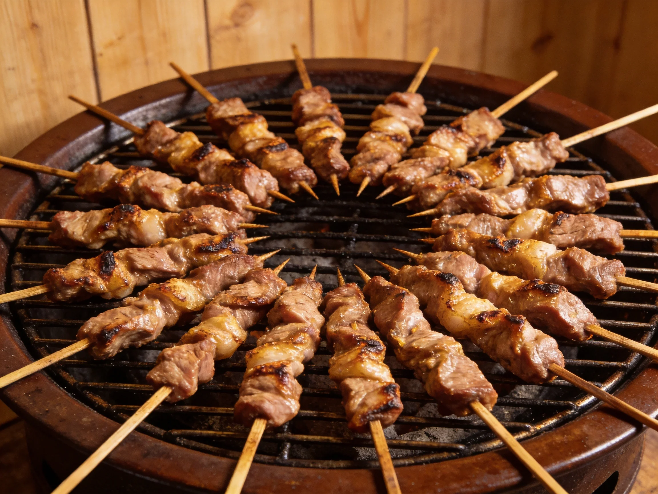 Multiple skewers of grilled marinated meat arranged on a round grill