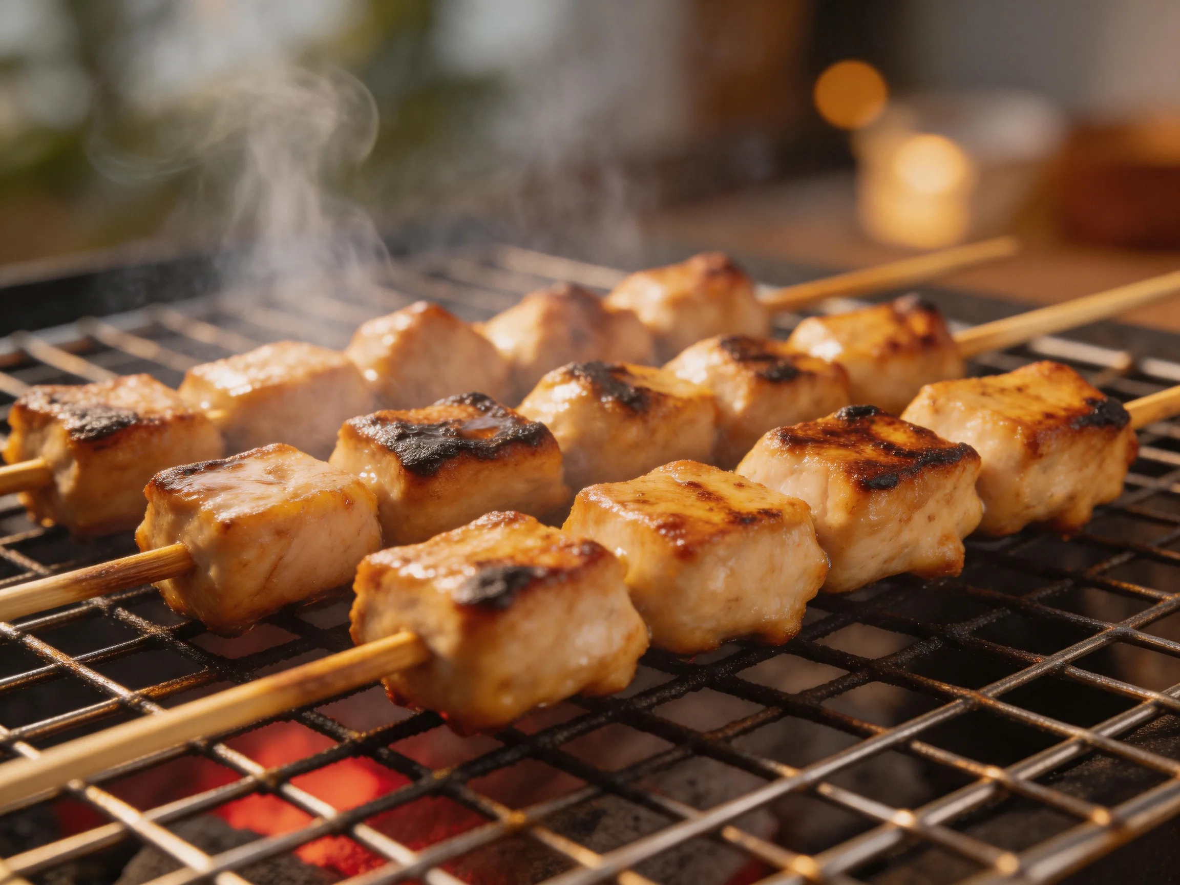 Multiple skewers of grilled meat cook over glowing embers on a metal grill.