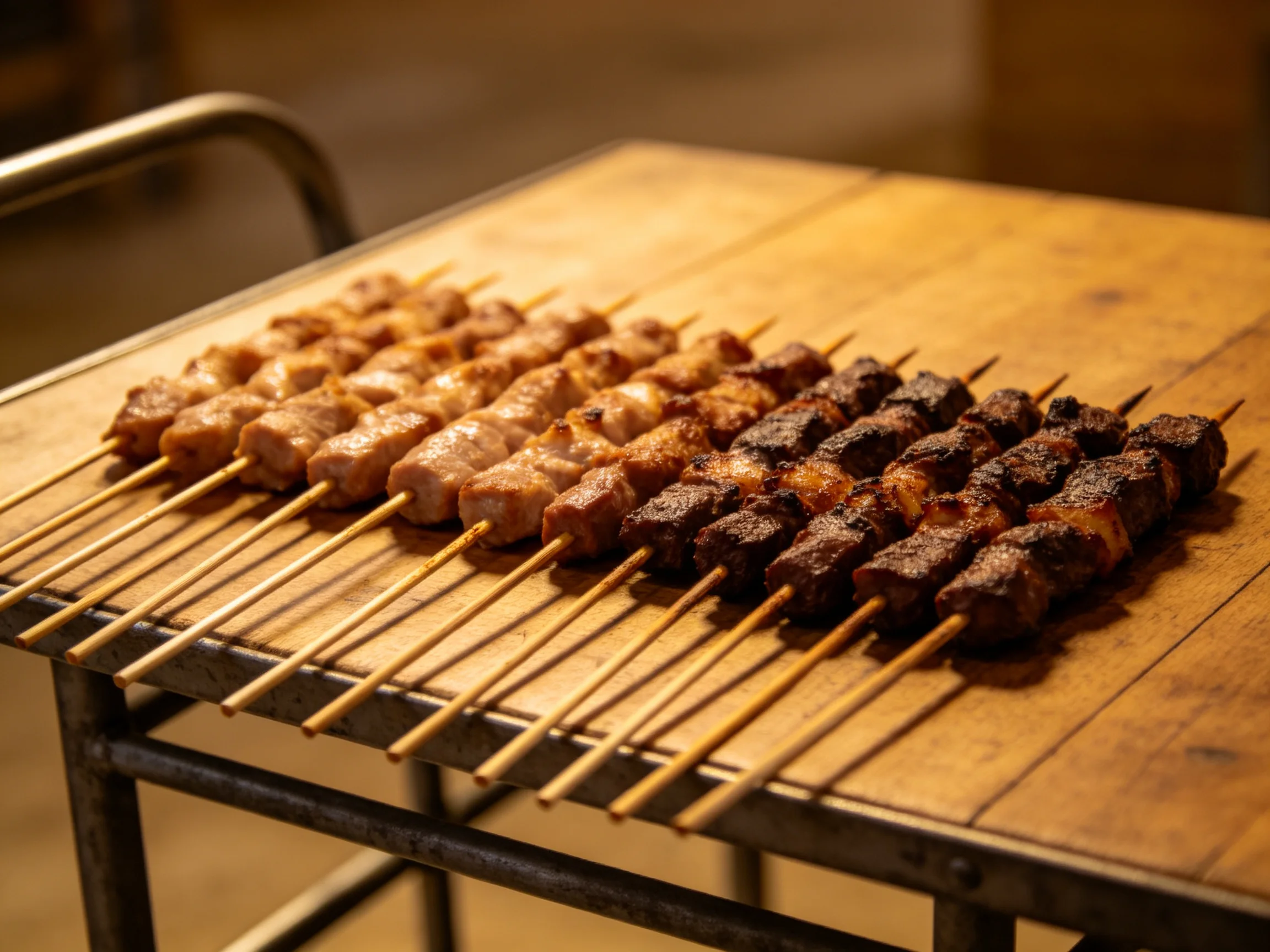 Multiple skewers of grilled meat in varying brown shades on a wooden table