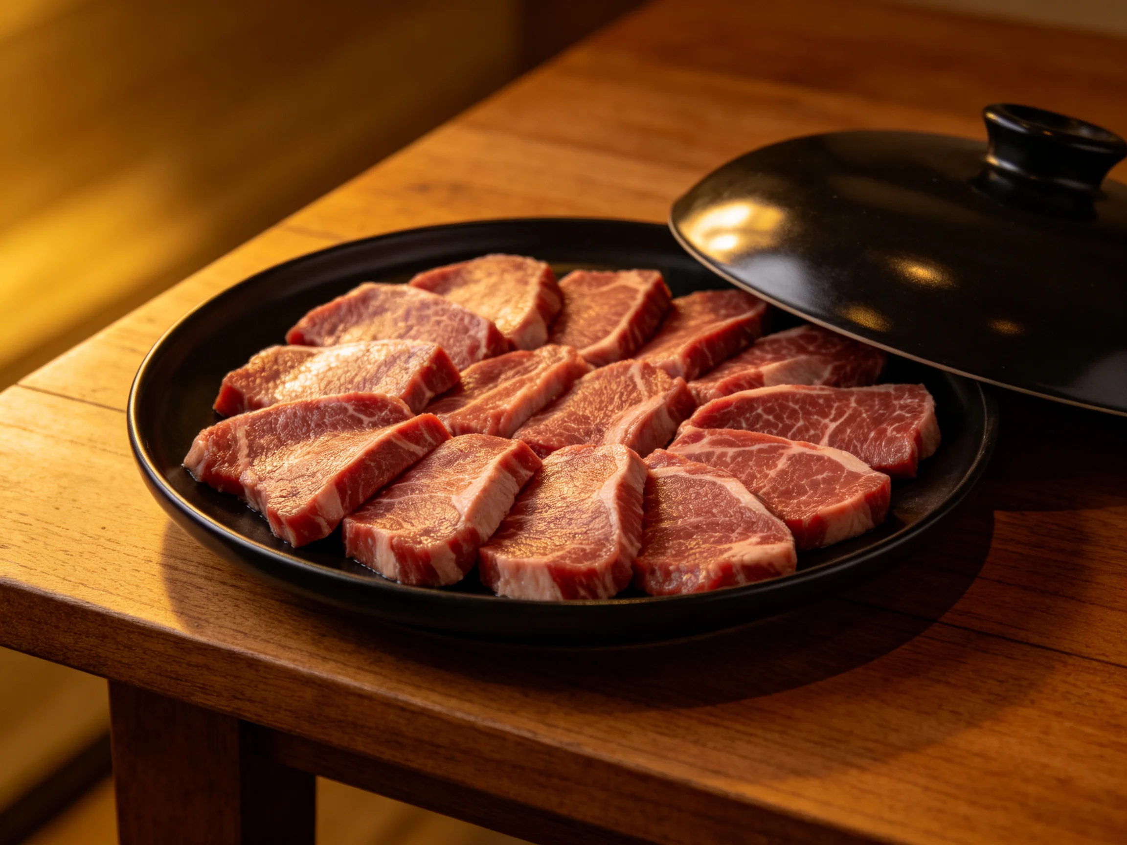 Multiple slices of marbled beef in a black serving dish on a wooden table