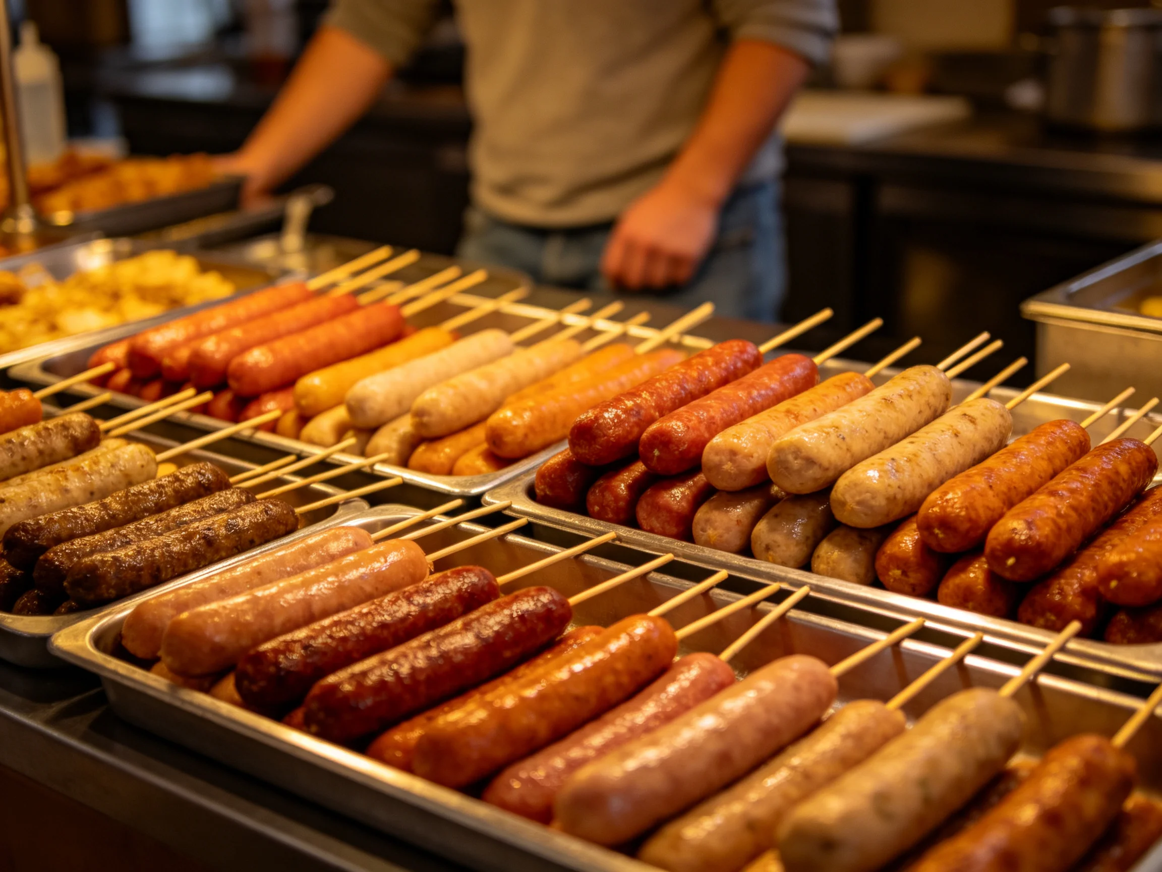 Multiple trays of assorted skewer sausages in vibrant hues at a food stand