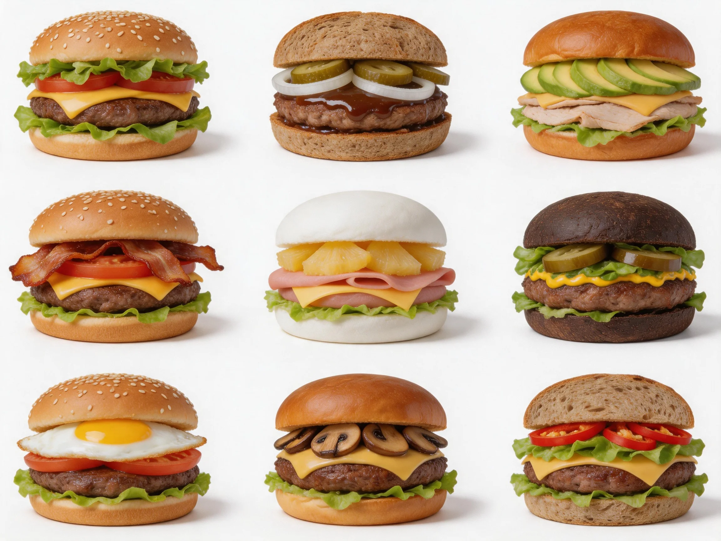 Nine assorted gourmet hamburgers in a 3x3 grid