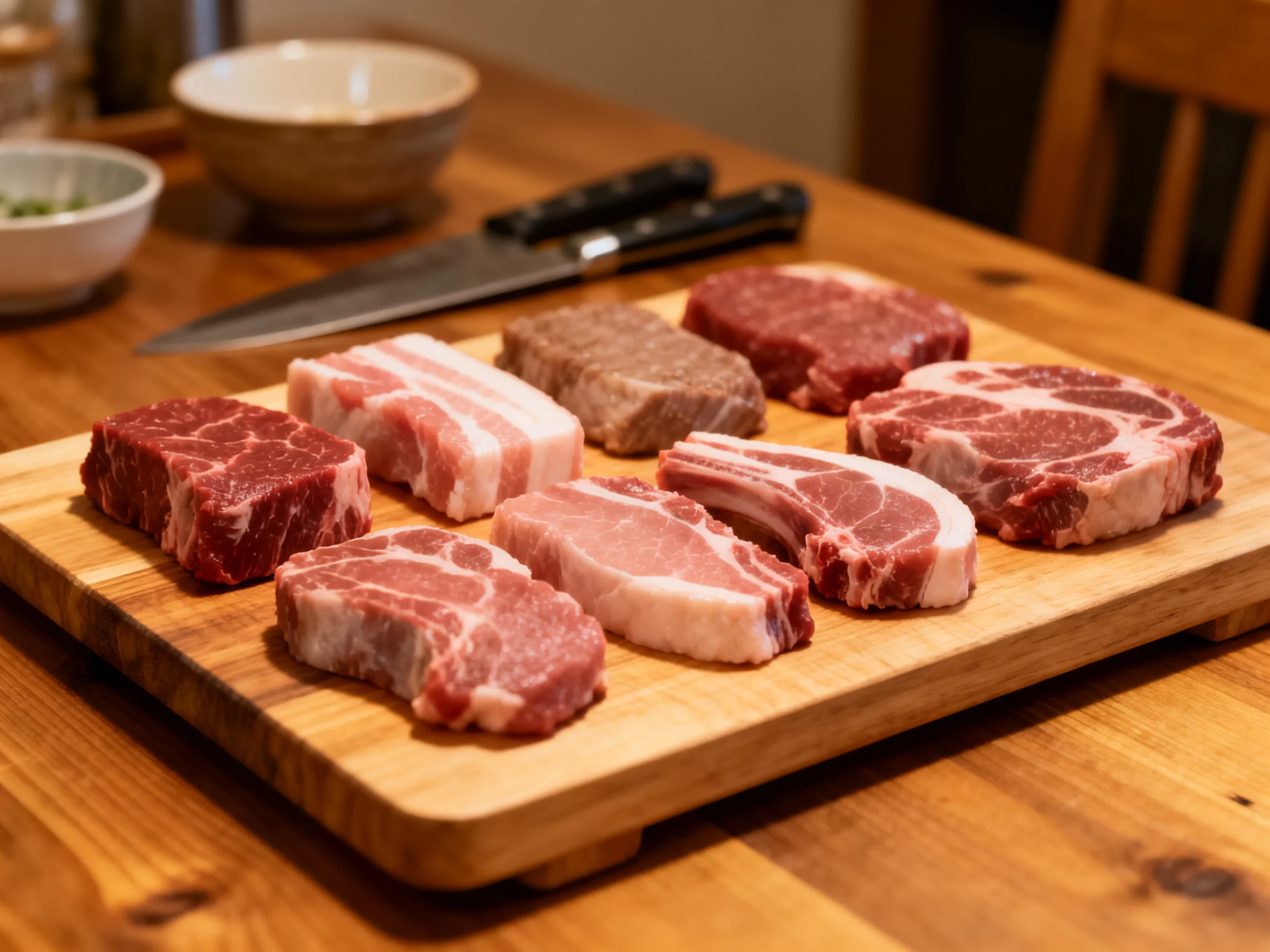 Nine assorted raw meats arranged on a wooden cutting board