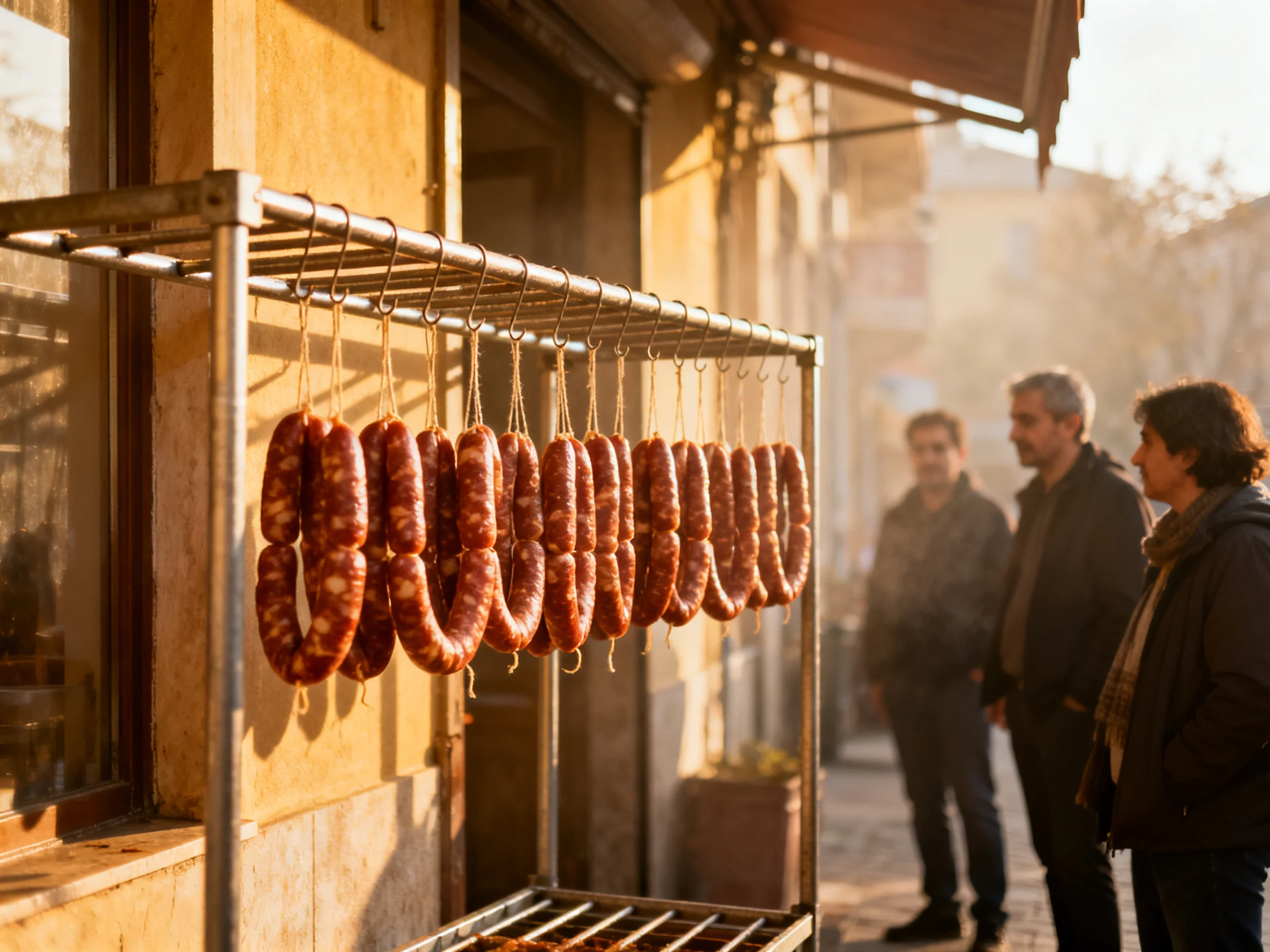 Numerous brown sausages hang from a metal rack near three people on a sunlit street