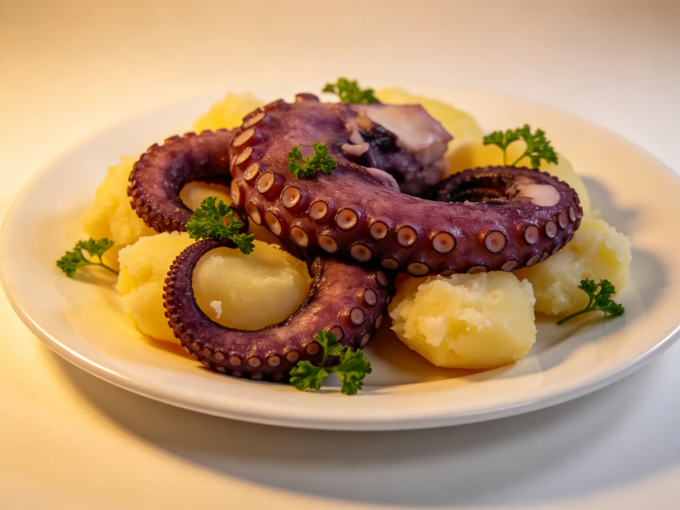 Octopus Tentacles with Mashed Potatoes and Parsley Garnish