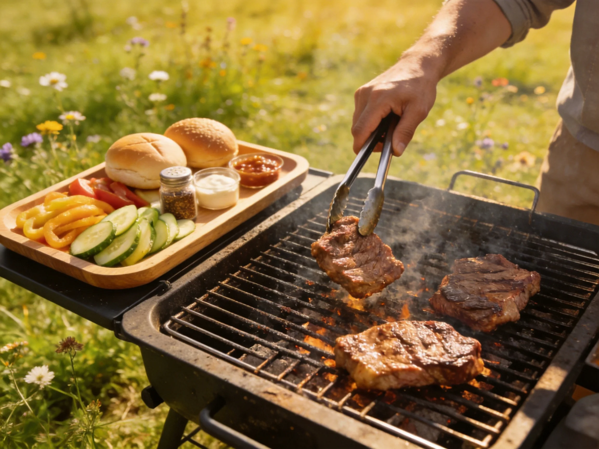 Outdoor barbecue with grilled steaks, colorful veggies, and buns
