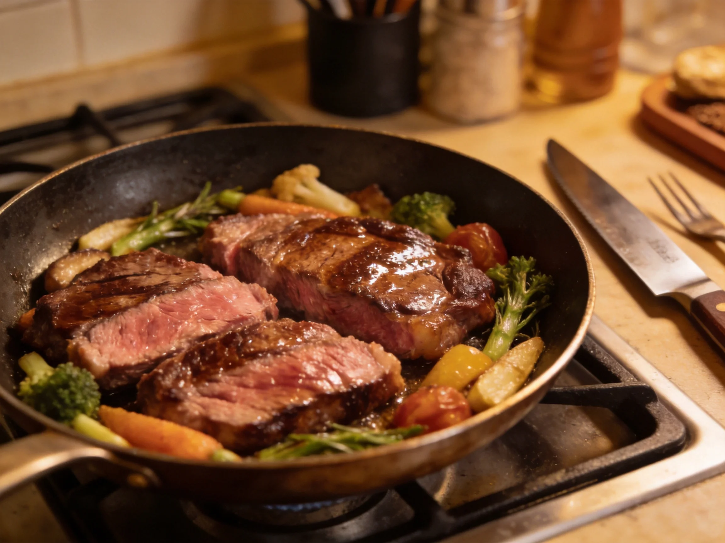 Pan -asted steak with assorted vegetables on a stovetop