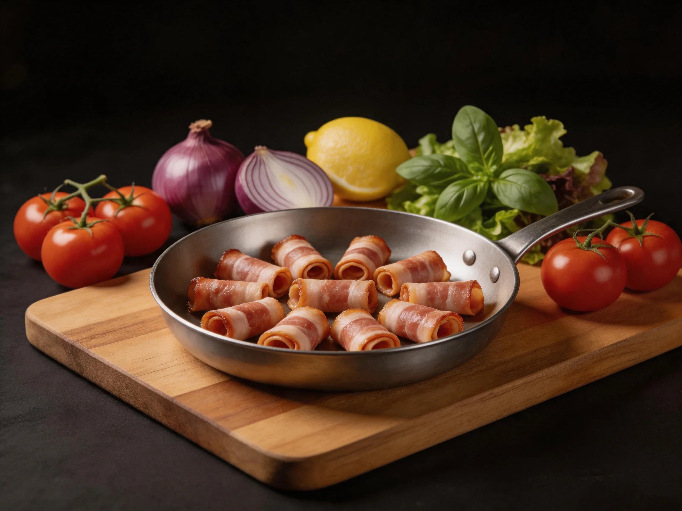 Pan of bacon-wrapped rolls with fresh vegetables
