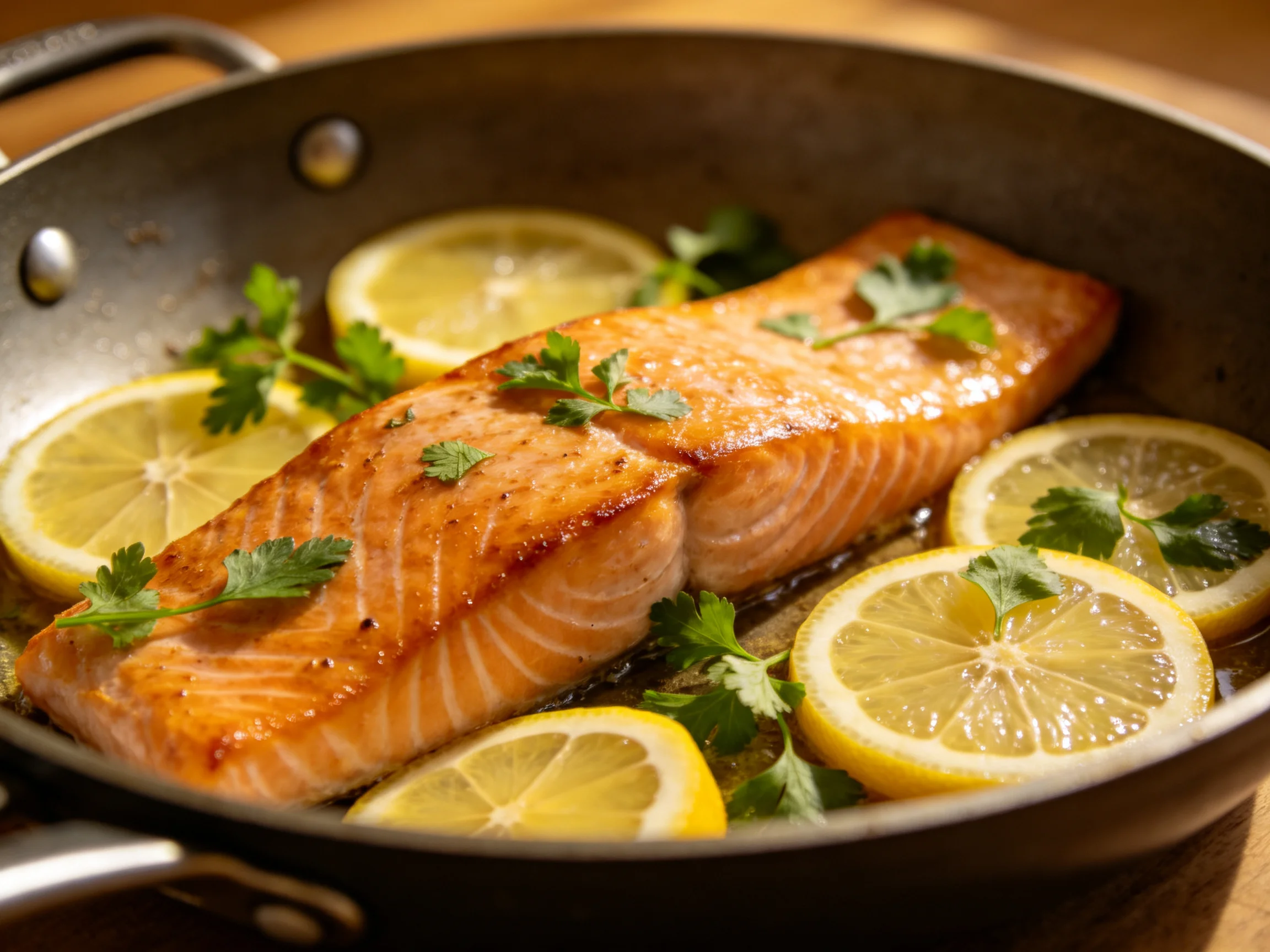 Pan-seared salmon fillet with lemon slices and parsley garnish