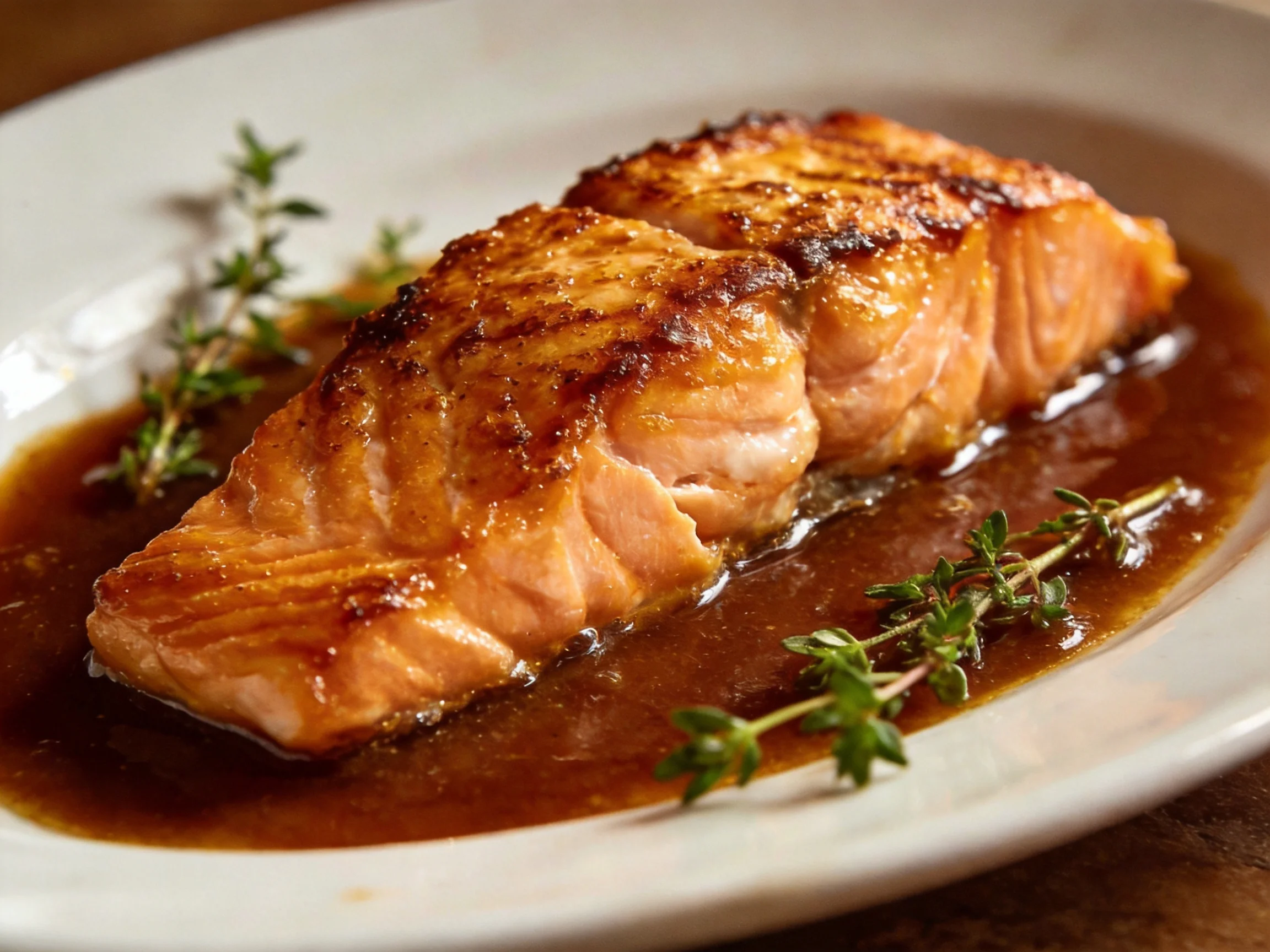 Pan-seared salmon fillet with rich brown sauce and fresh herbs