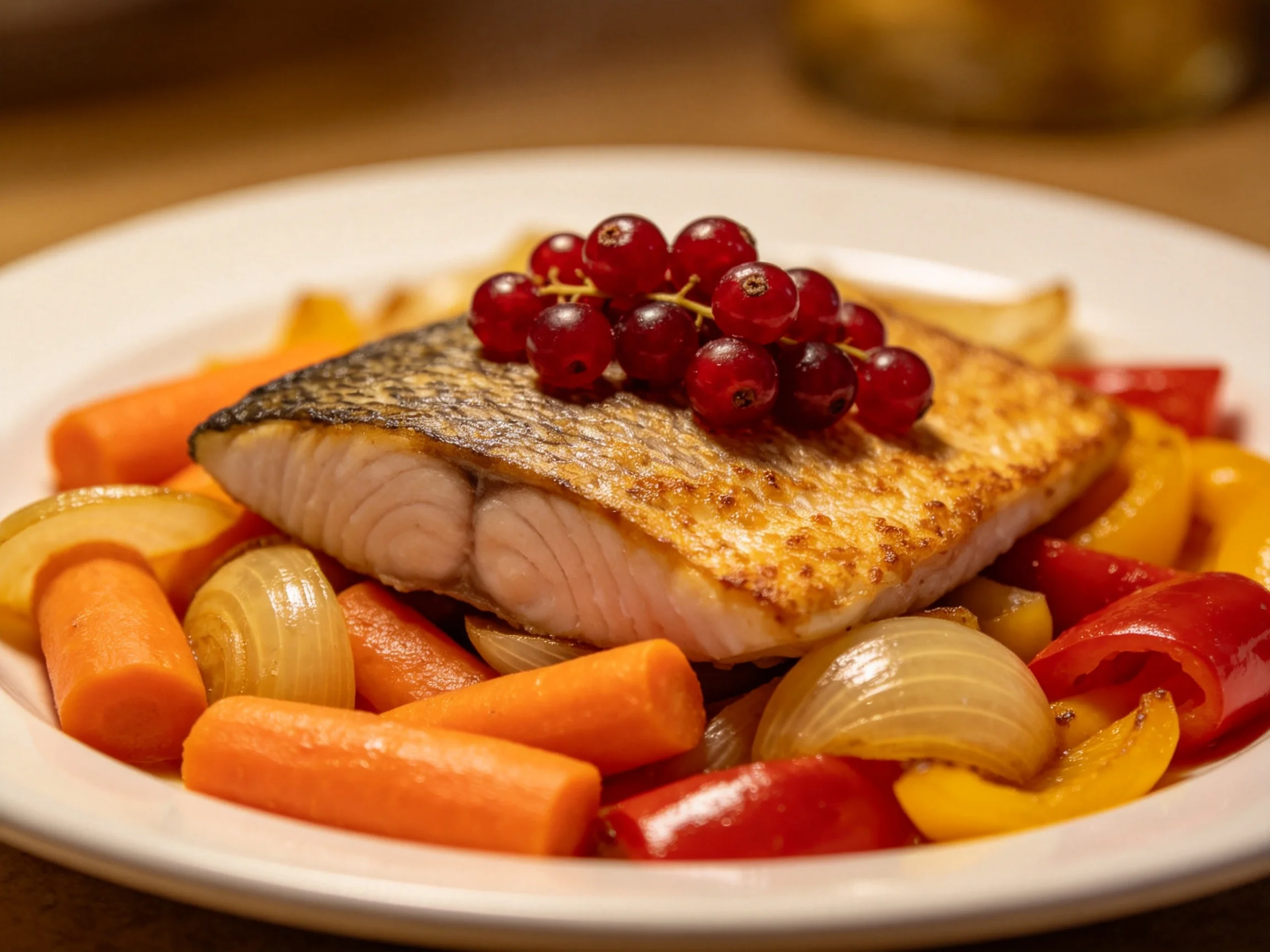 Pan-seared salmon fillet with roasted vegetables and red currants