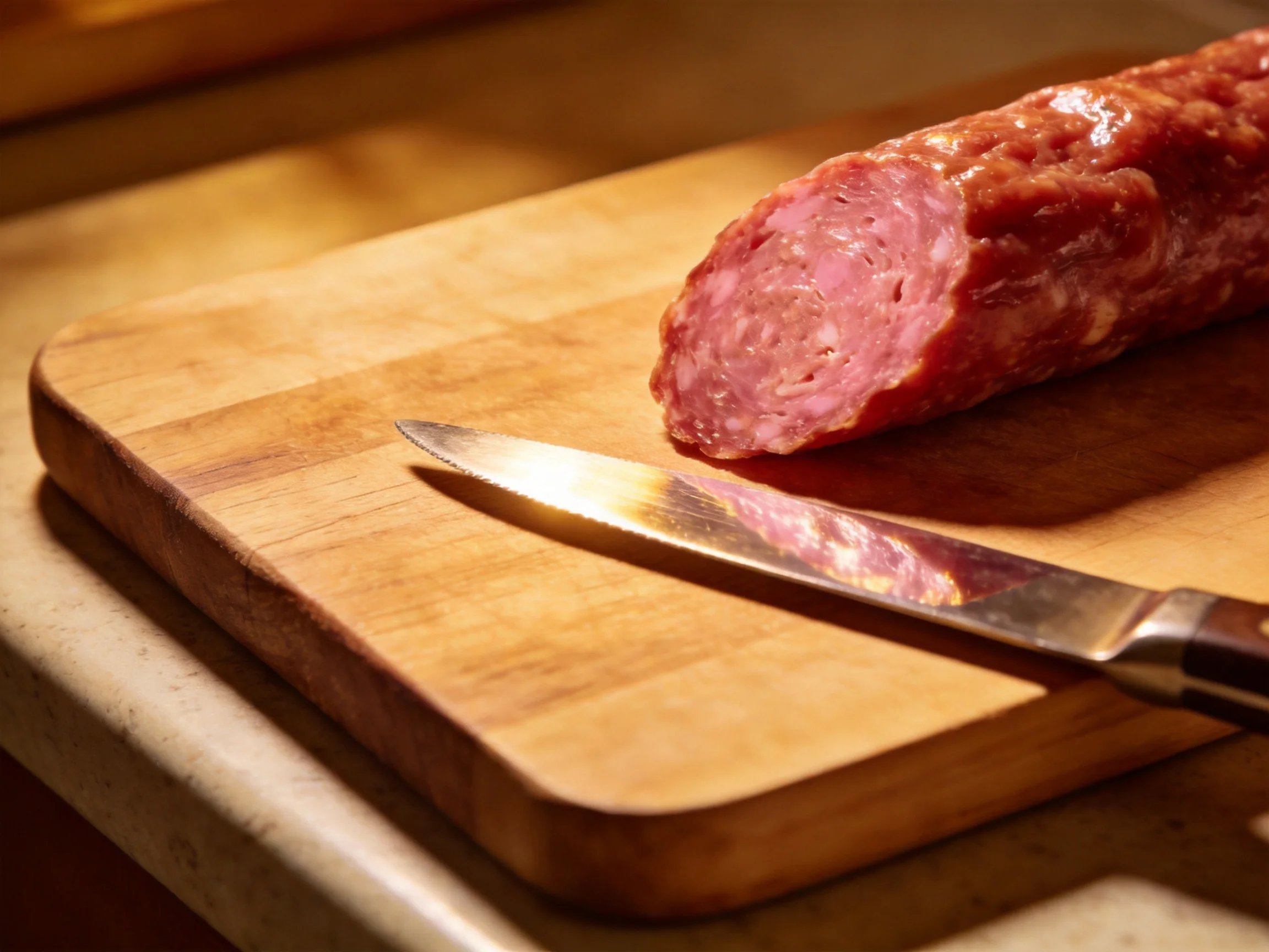 Partially sliced salami and a knife on a wooden cutting board