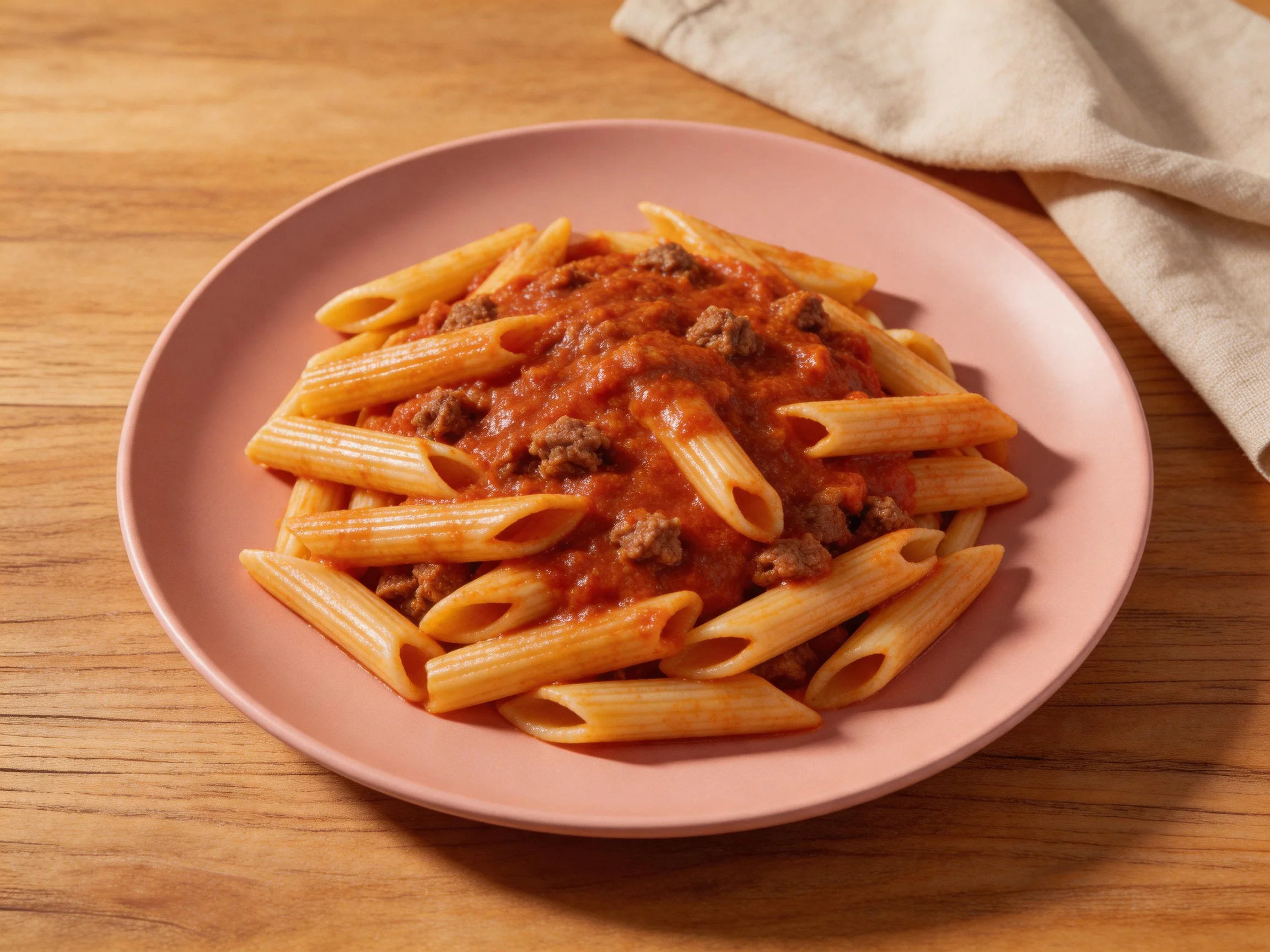 Penne pasta with meat sauce served on a pink plate