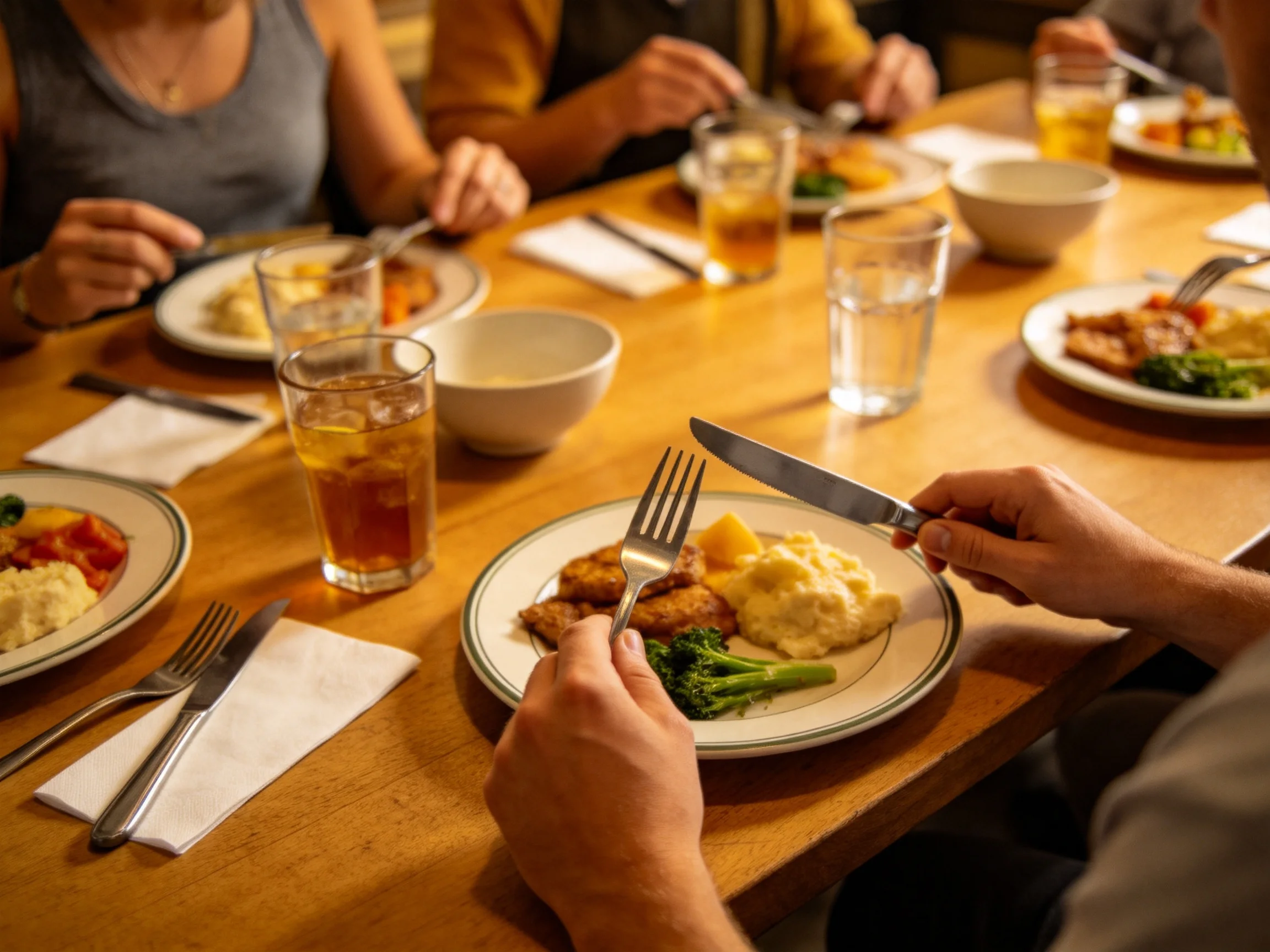 People sharing a meal with assorted dishes and amber drinks