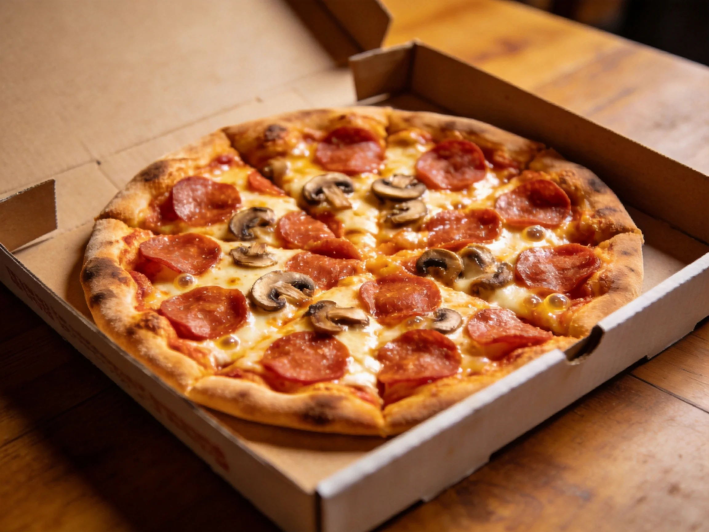 Pepperoni and mushroom pizza in open cardboard box on wooden table