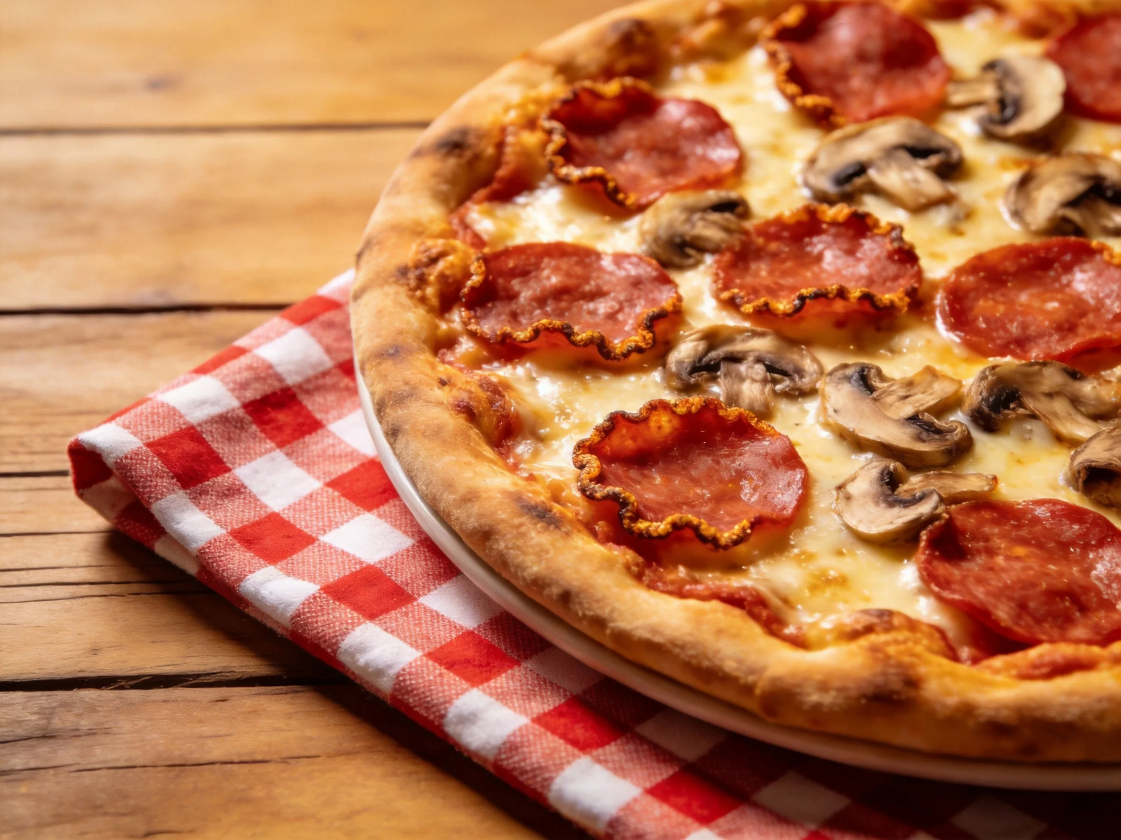 Pepperoni and mushroom pizza on red-and-white checkered cloth over wooden planks