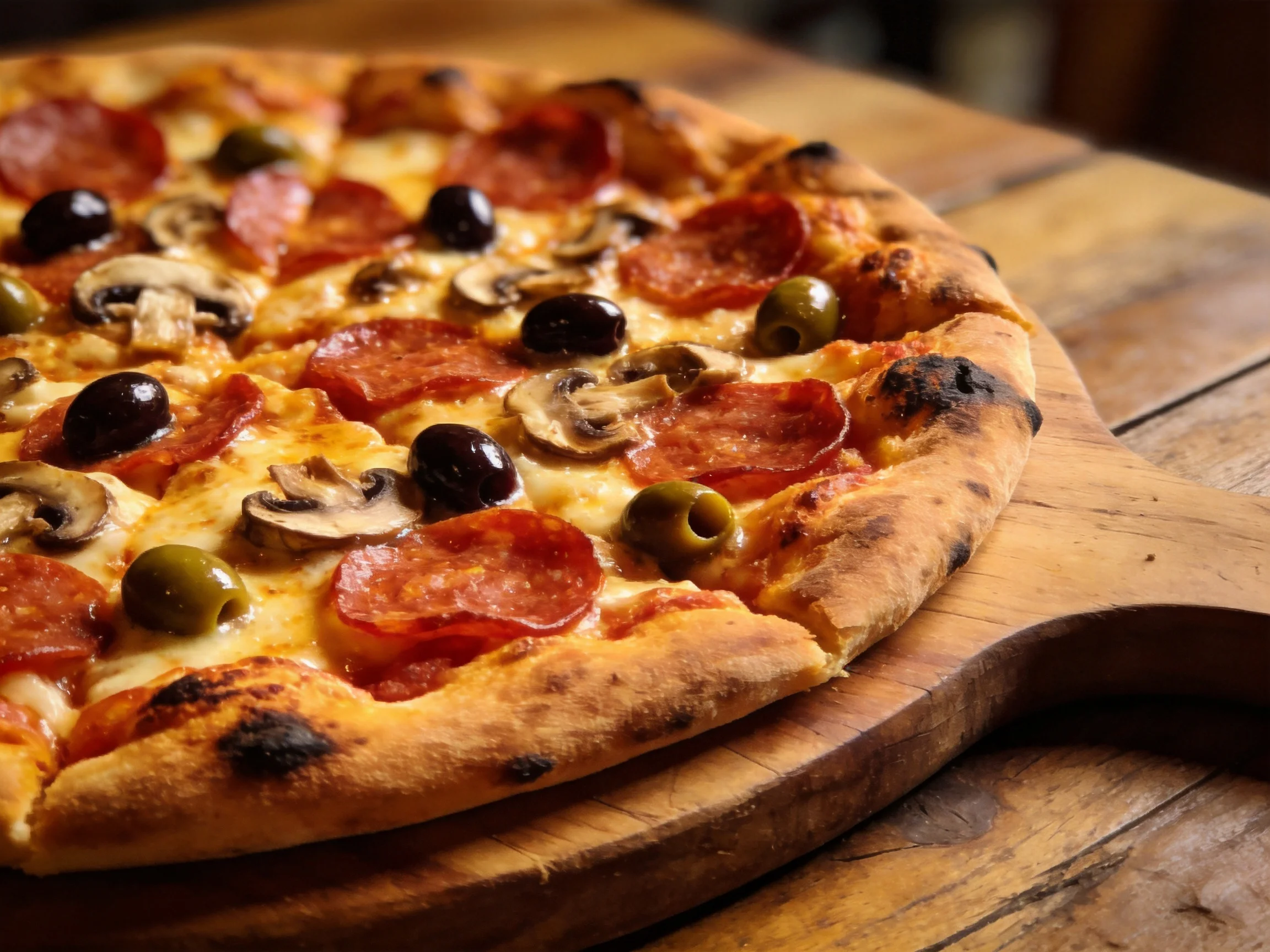 Pepperoni, mushroom, and olive pizza on a wooden serving board