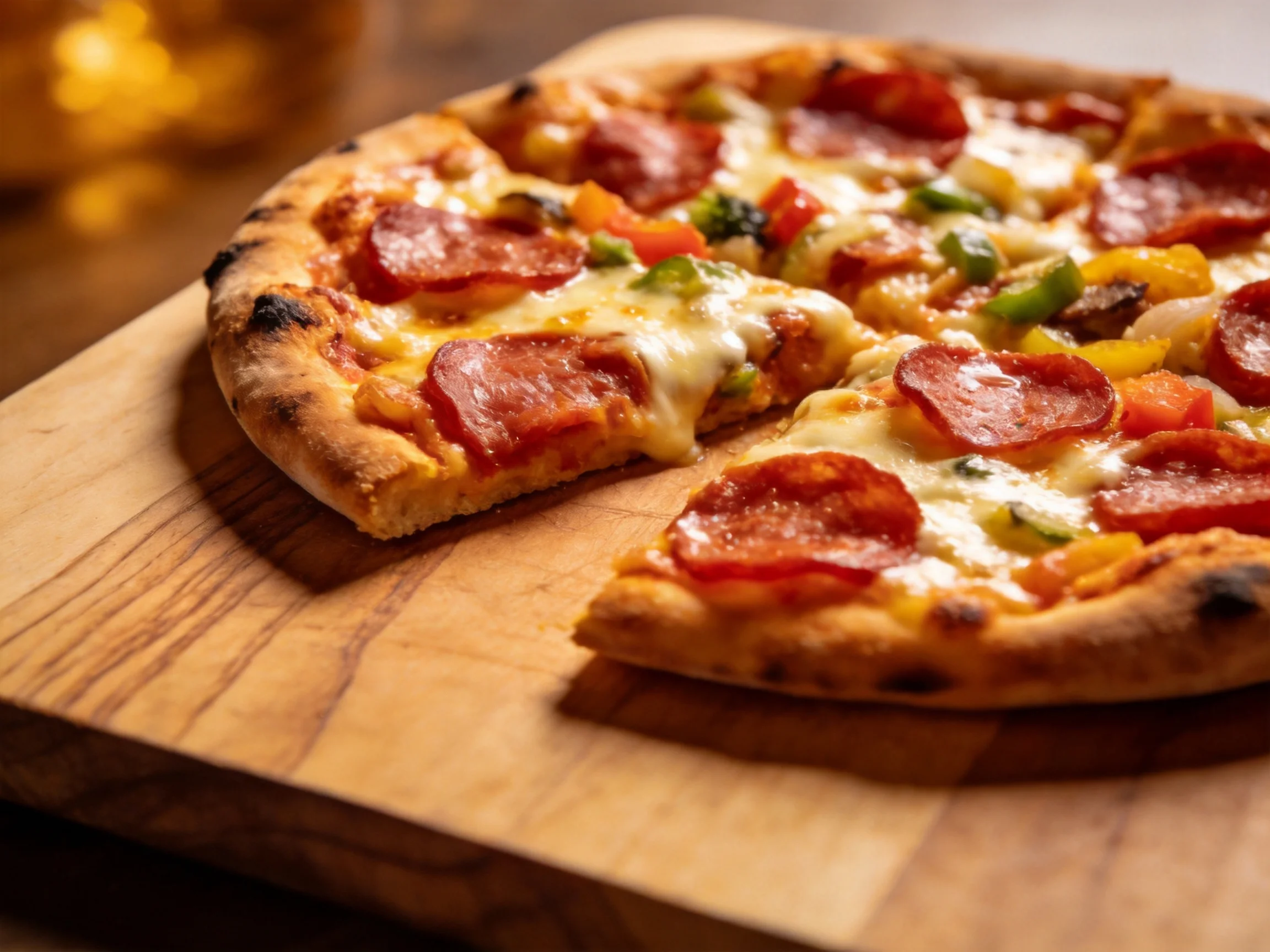 Pepperoni pizza with colorful veggie toppings on a wooden board