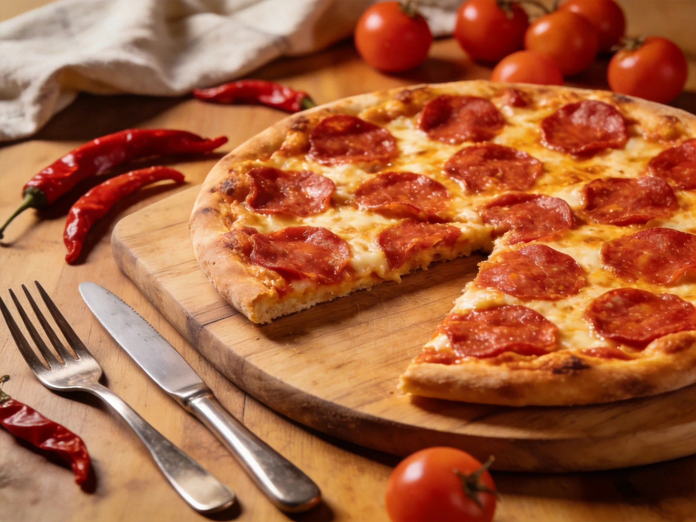 Pepperoni pizza with tomatoes and chili peppers on a wooden board