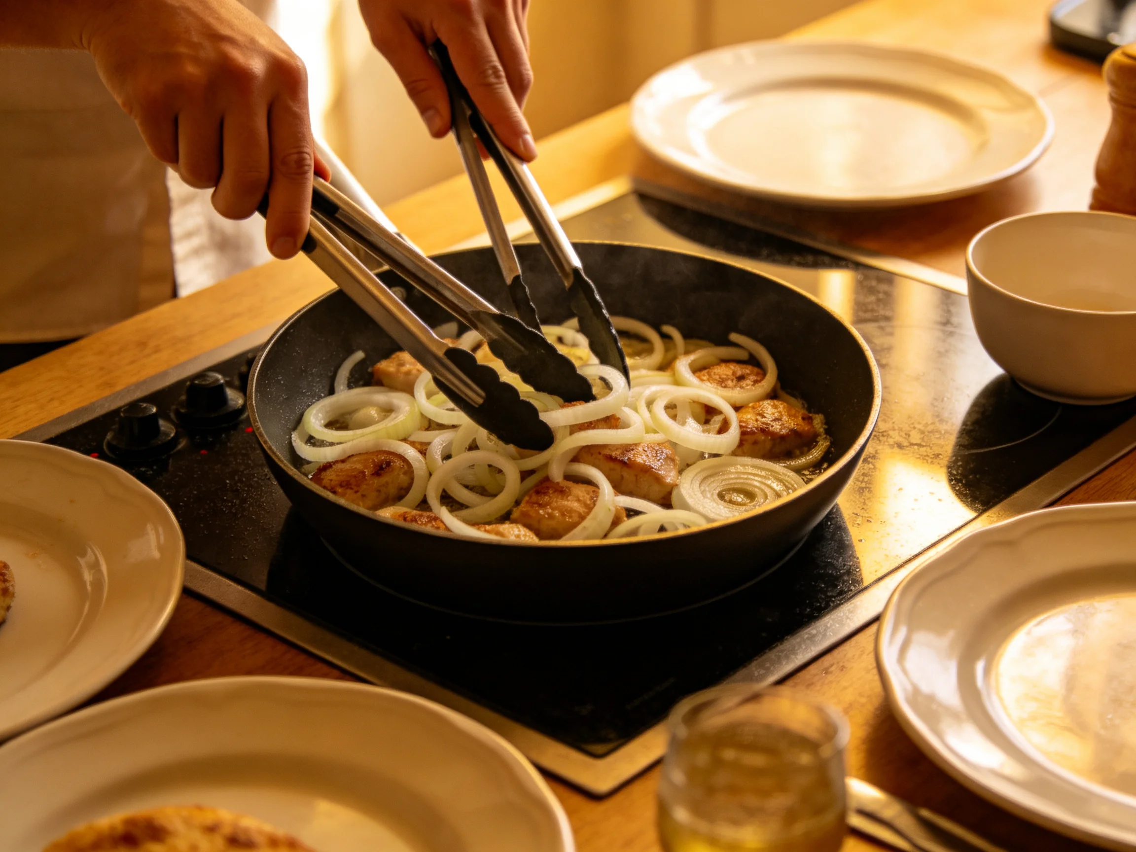 Person cooking chicken and onions with tongs in a black skillet