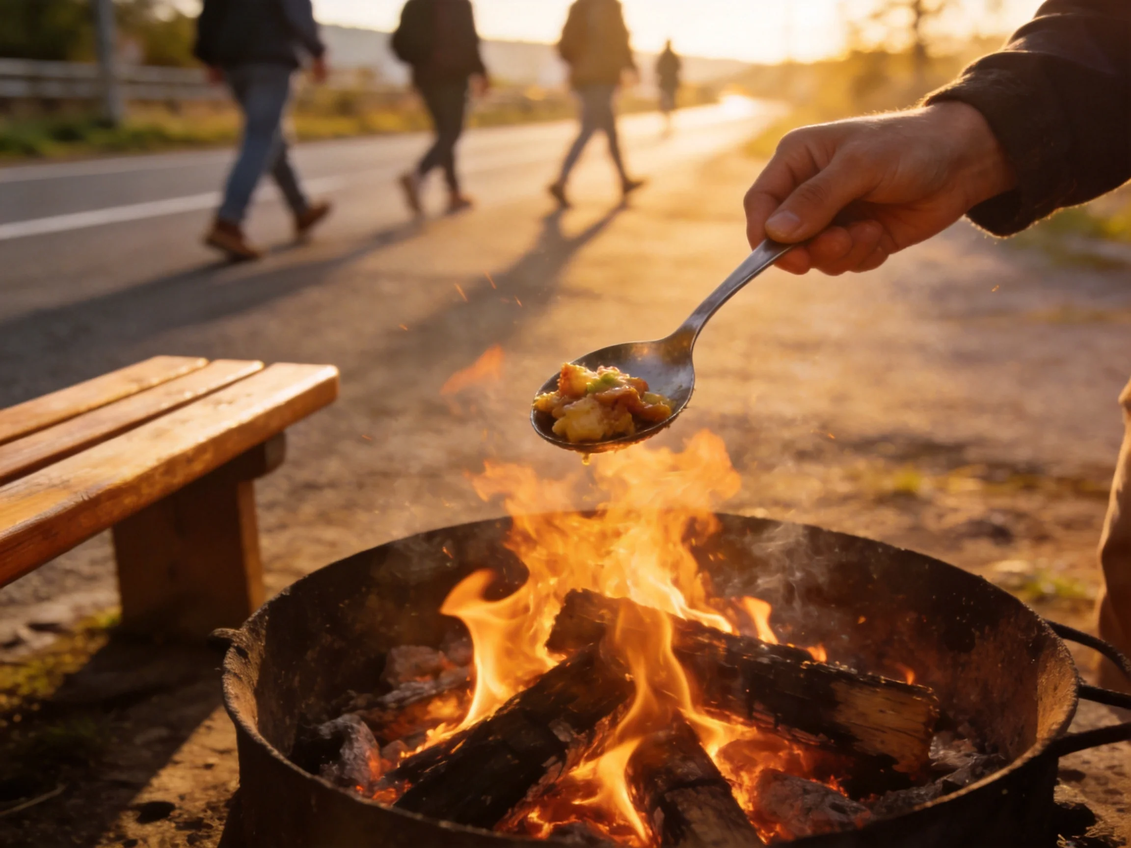 Person cooking over a blazing fire near a sunlit roadside with pedestrians