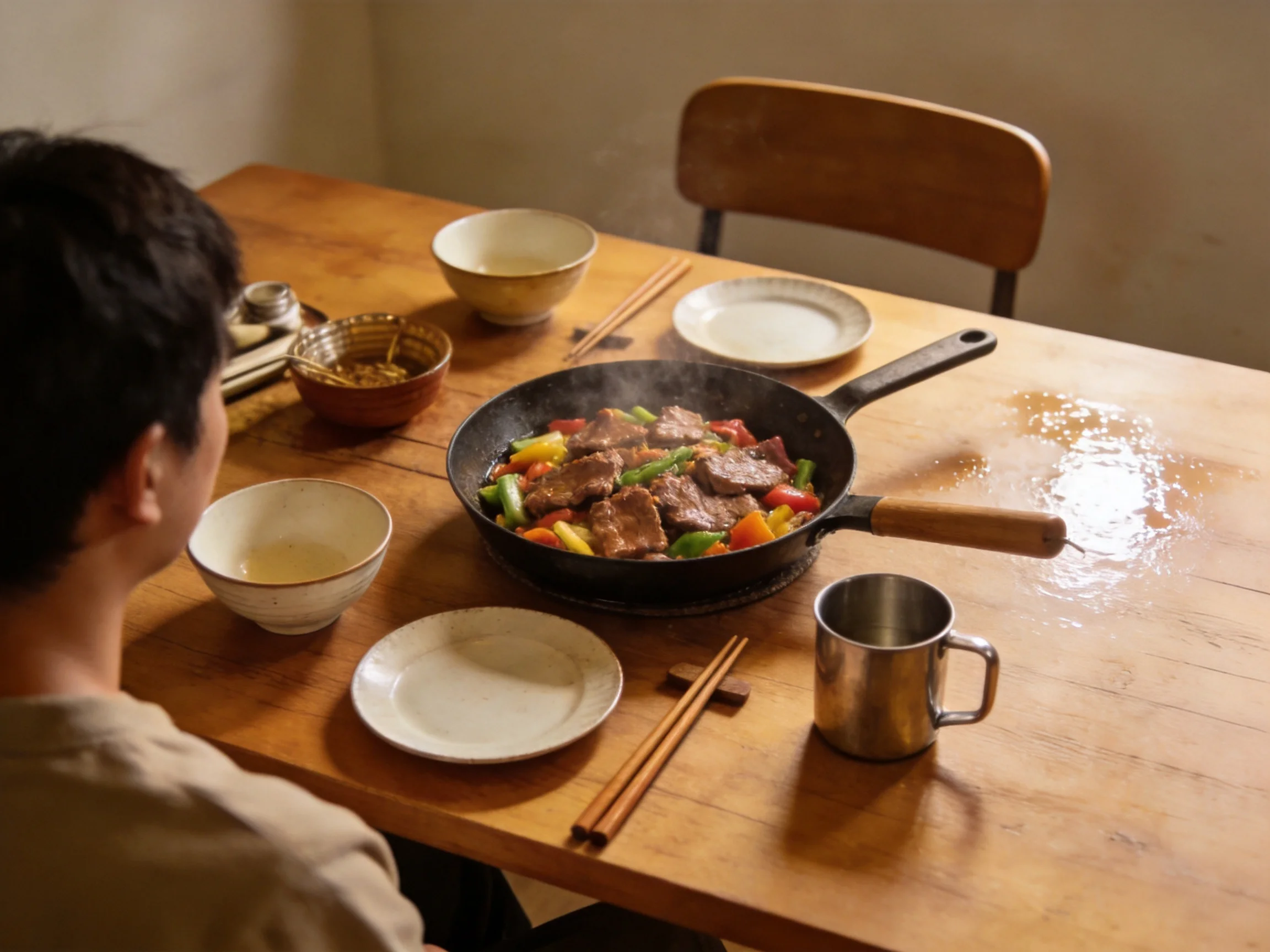 Person dining at wooden table with sizzling skillet and colorful ingredients