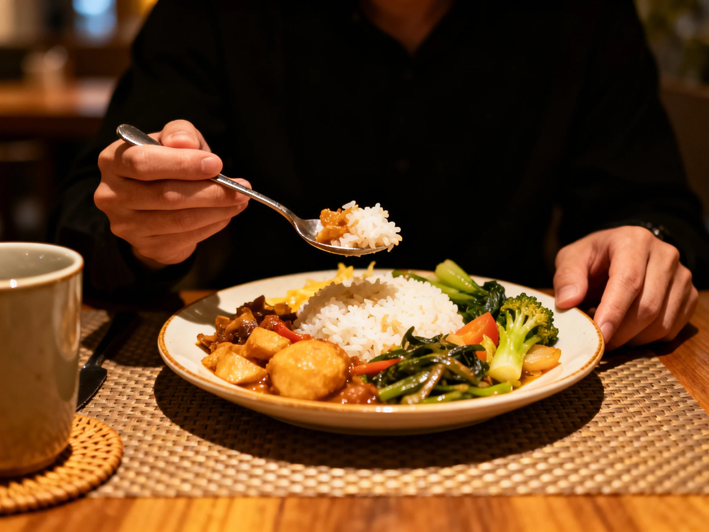 Person eating a meal with rice, vegetables, and tofu