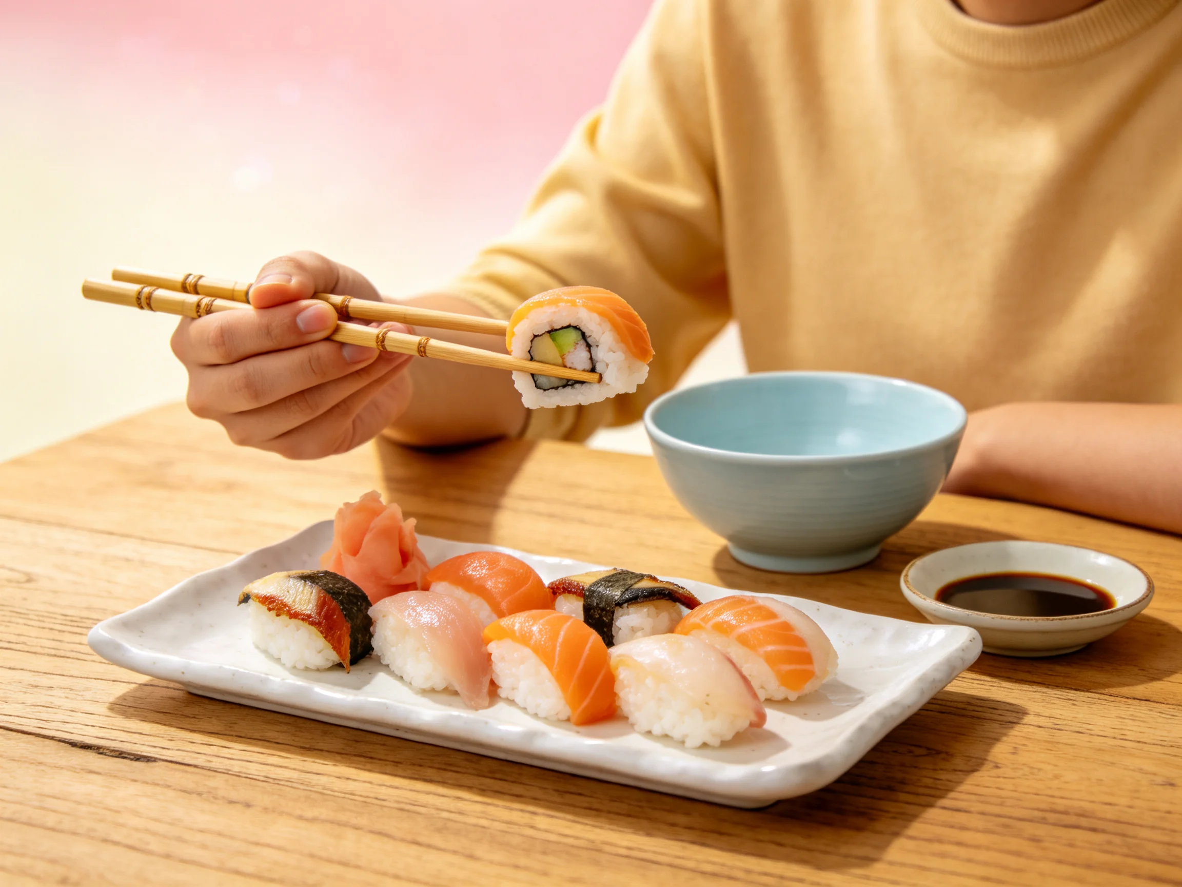 Person eating assorted sushi rolls with chopsticks near bowls