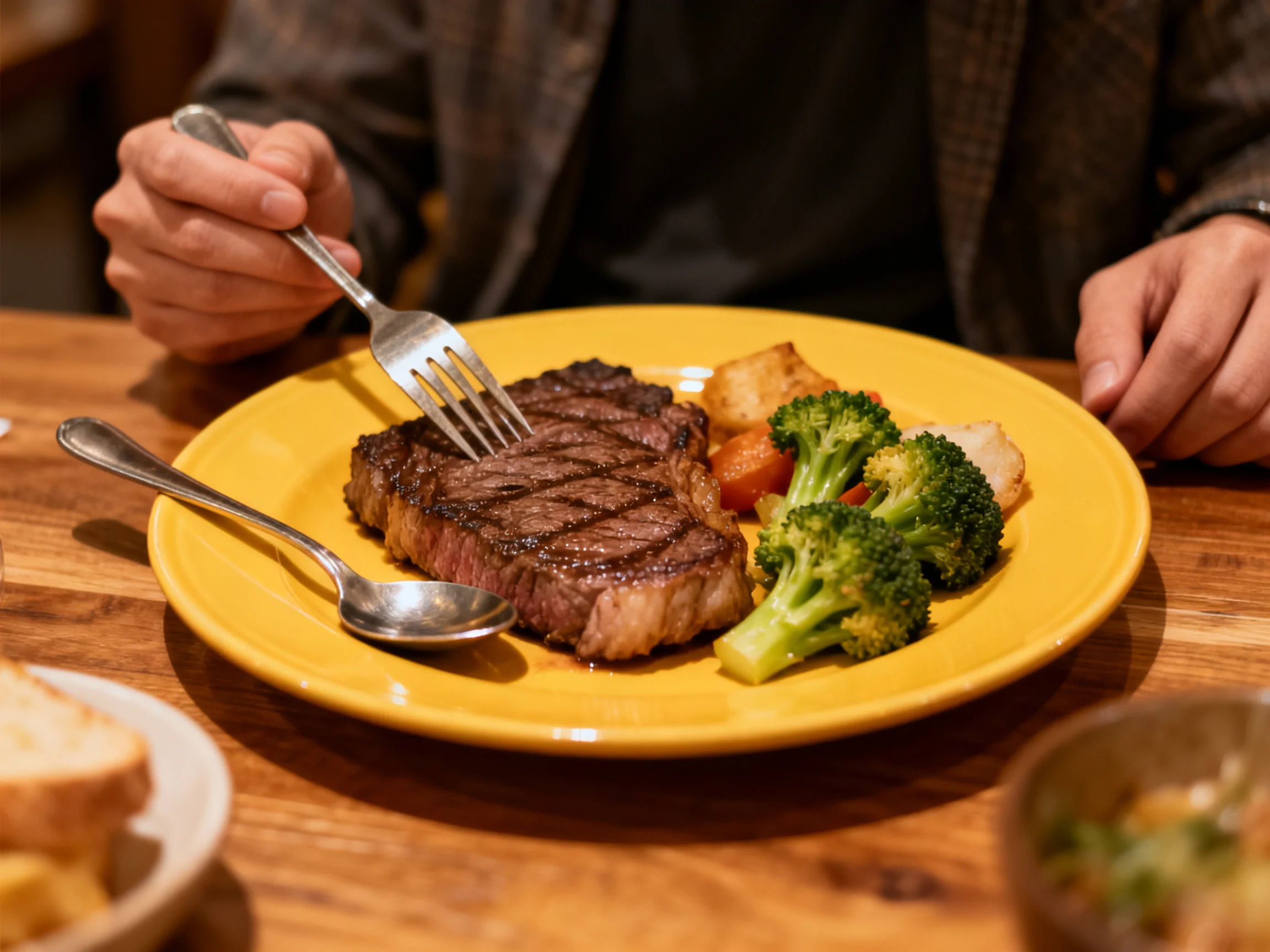 Person enjoying grilled steak and vegetables on a vibrant yellow plate