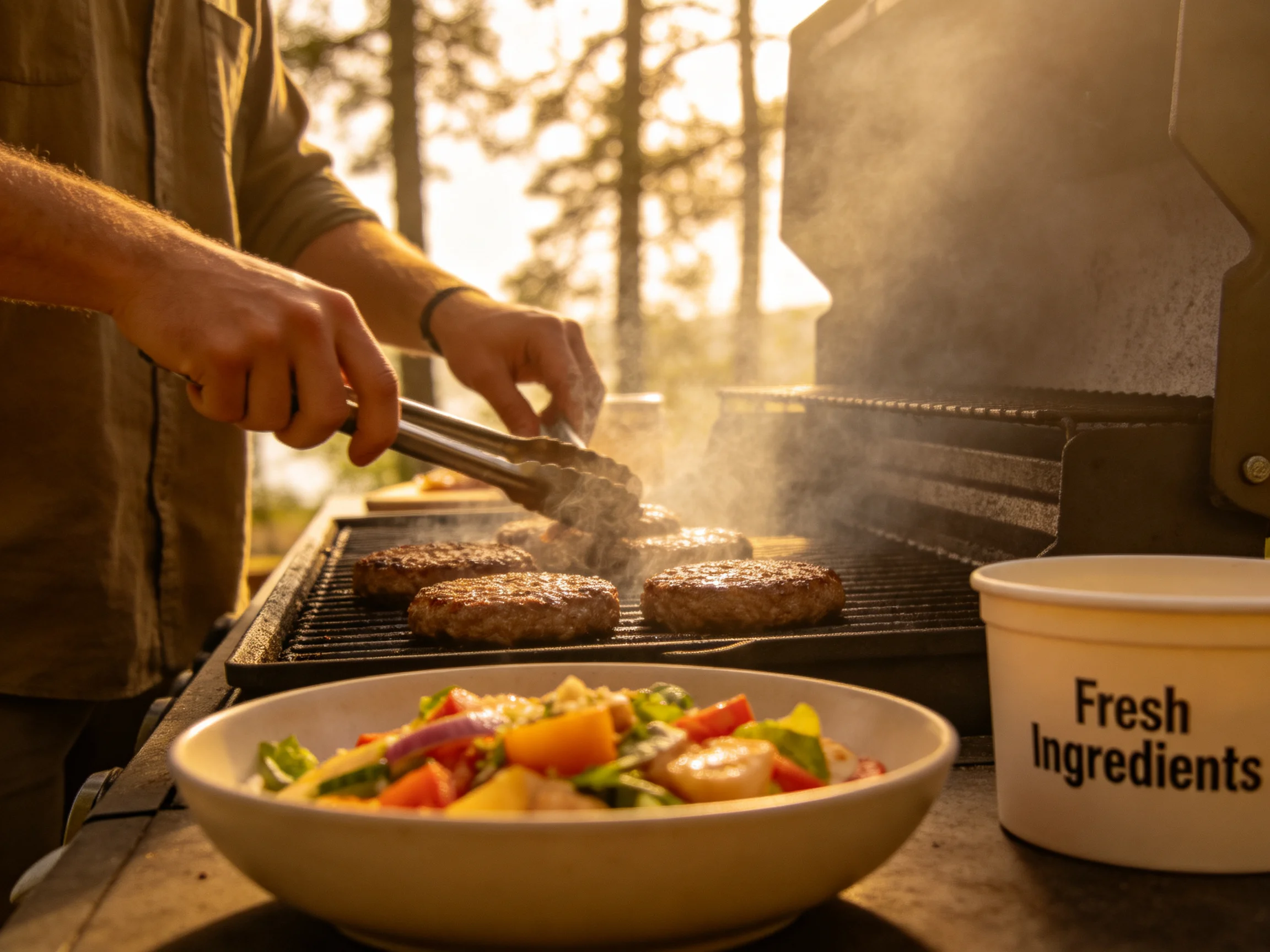 Person grilling four burger patties beside a colorful salad with a Fresh Ingredients container outdoo