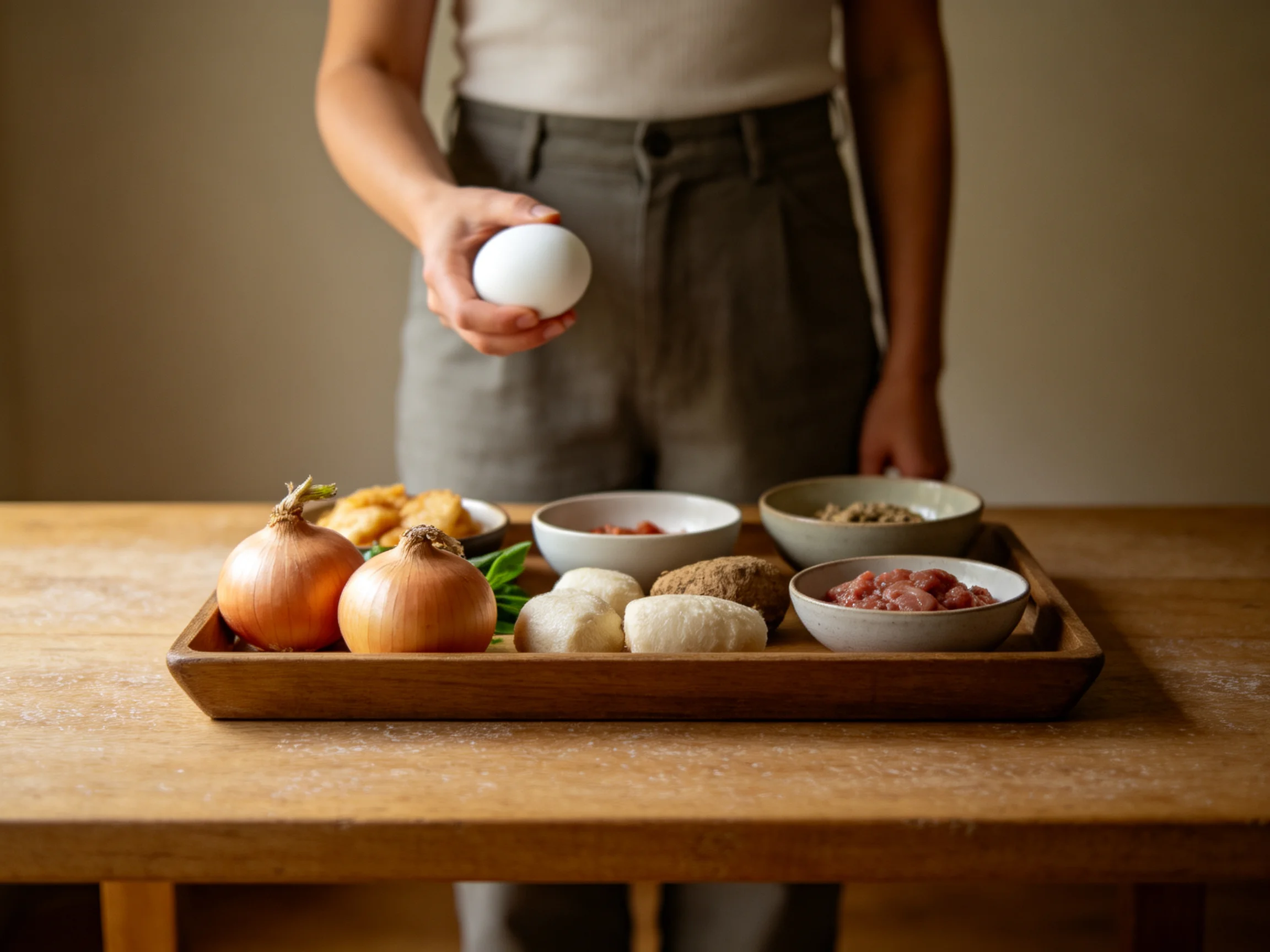 Person holds egg near wooden tray with onions, bowls, and food items