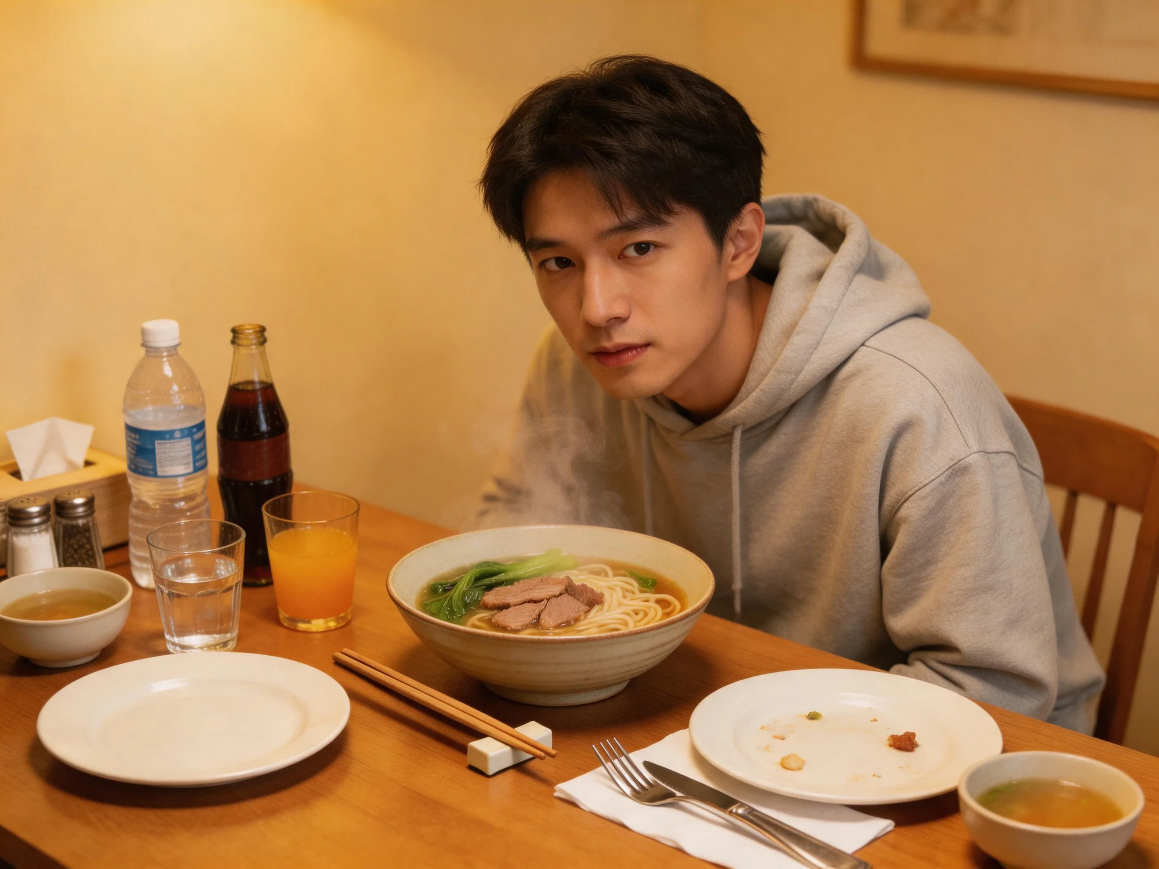 Person in gray hoodie enjoys noodle soup with drinks on wooden table