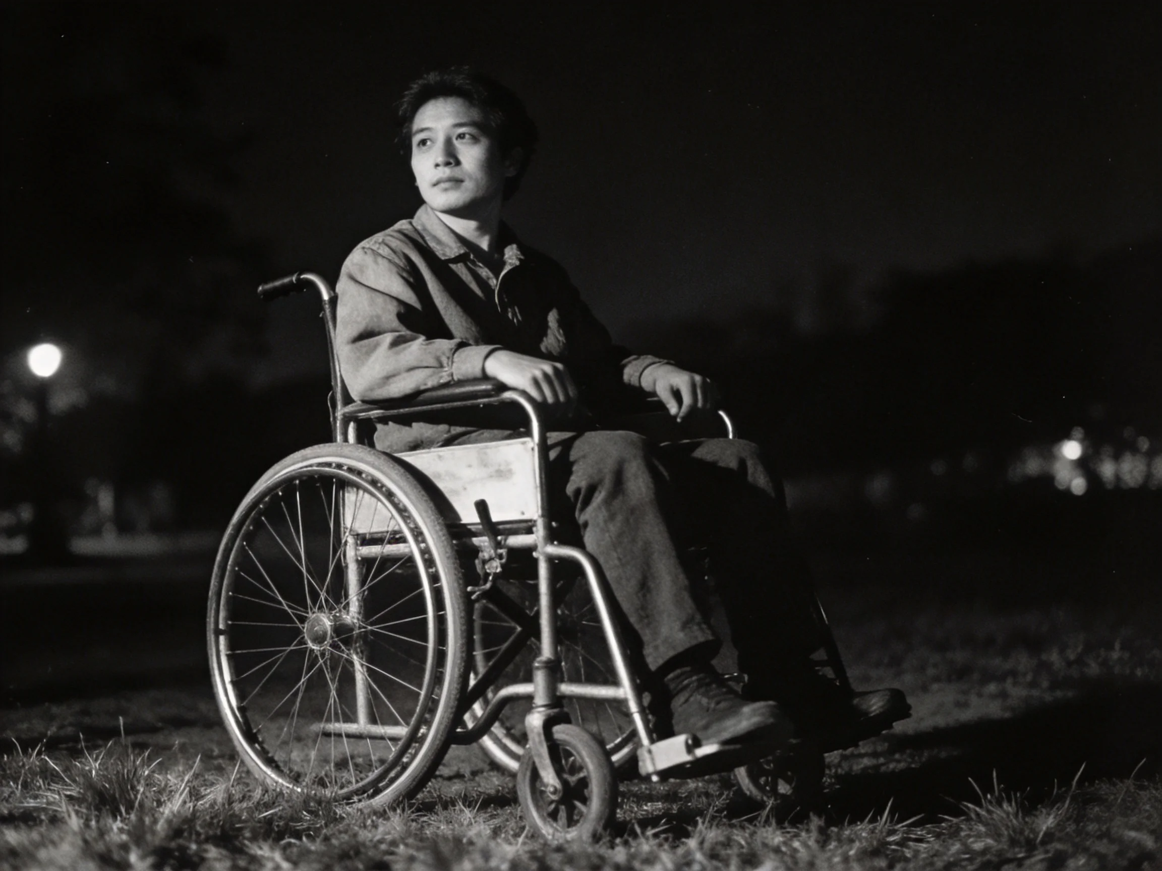 Person in wheelchair on grass at night with dim lighting