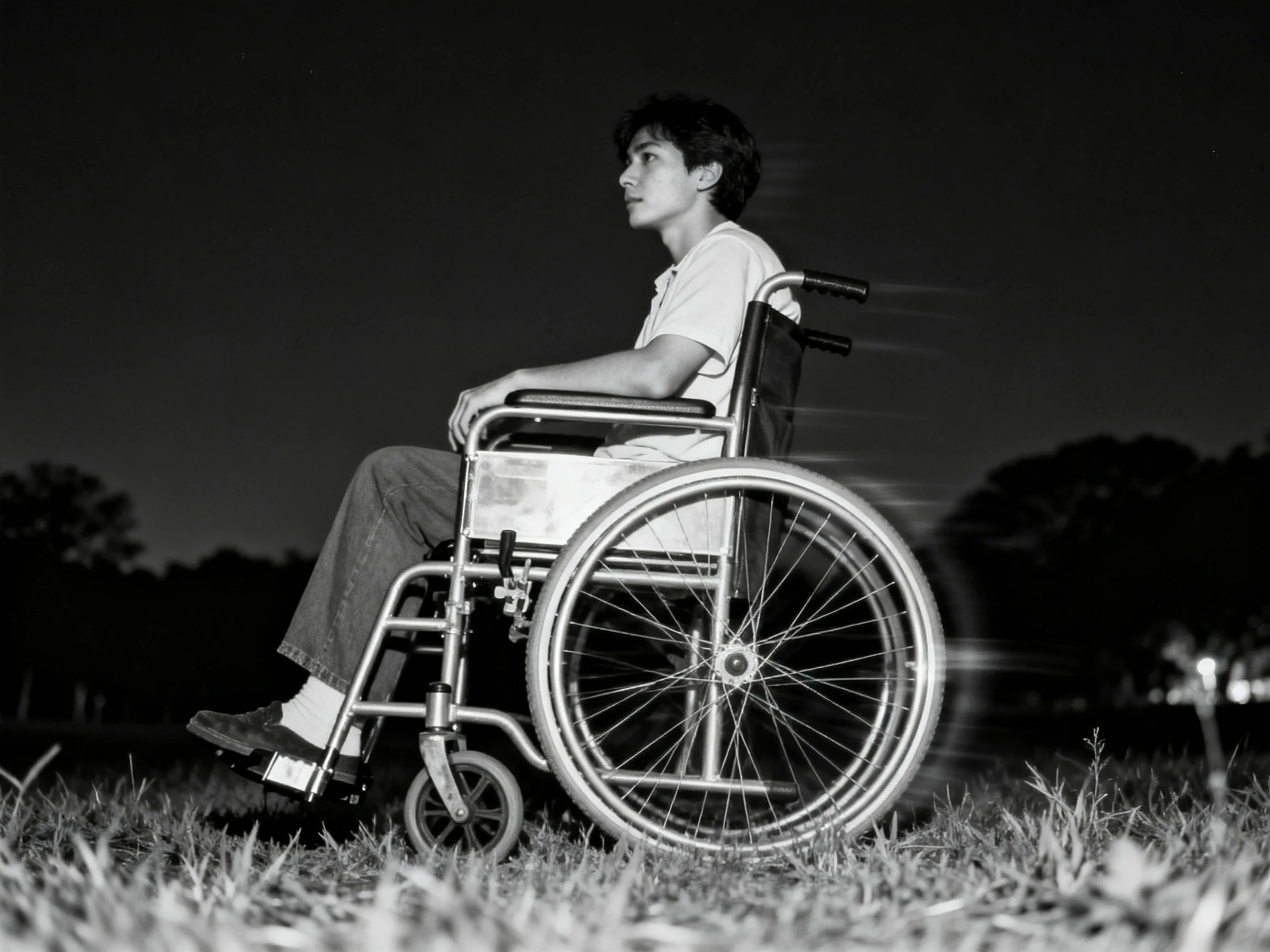Person in wheelchair on grassy field under dark evening sky