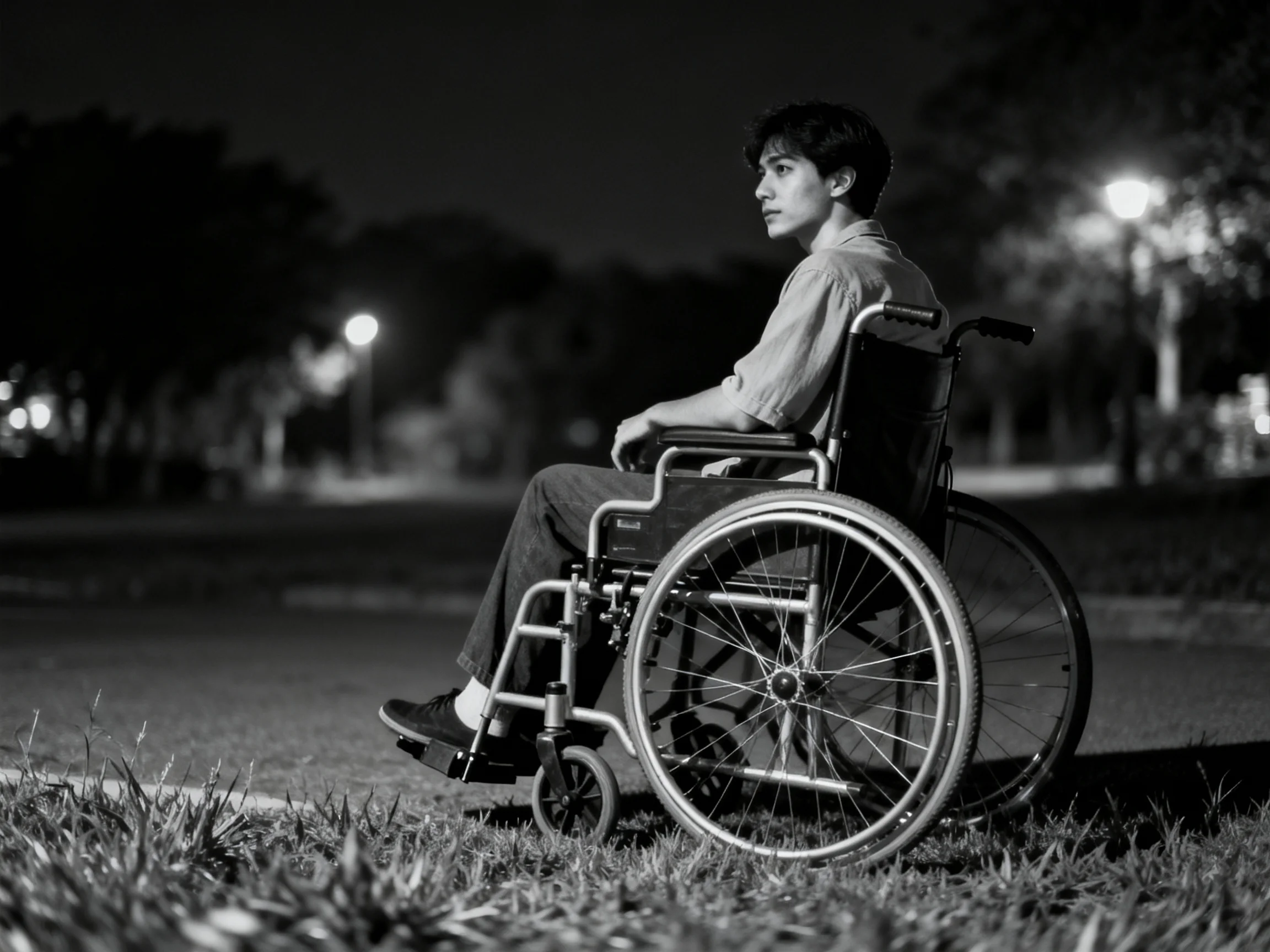 Person in wheelchair on grassy path under nighttime streetlights